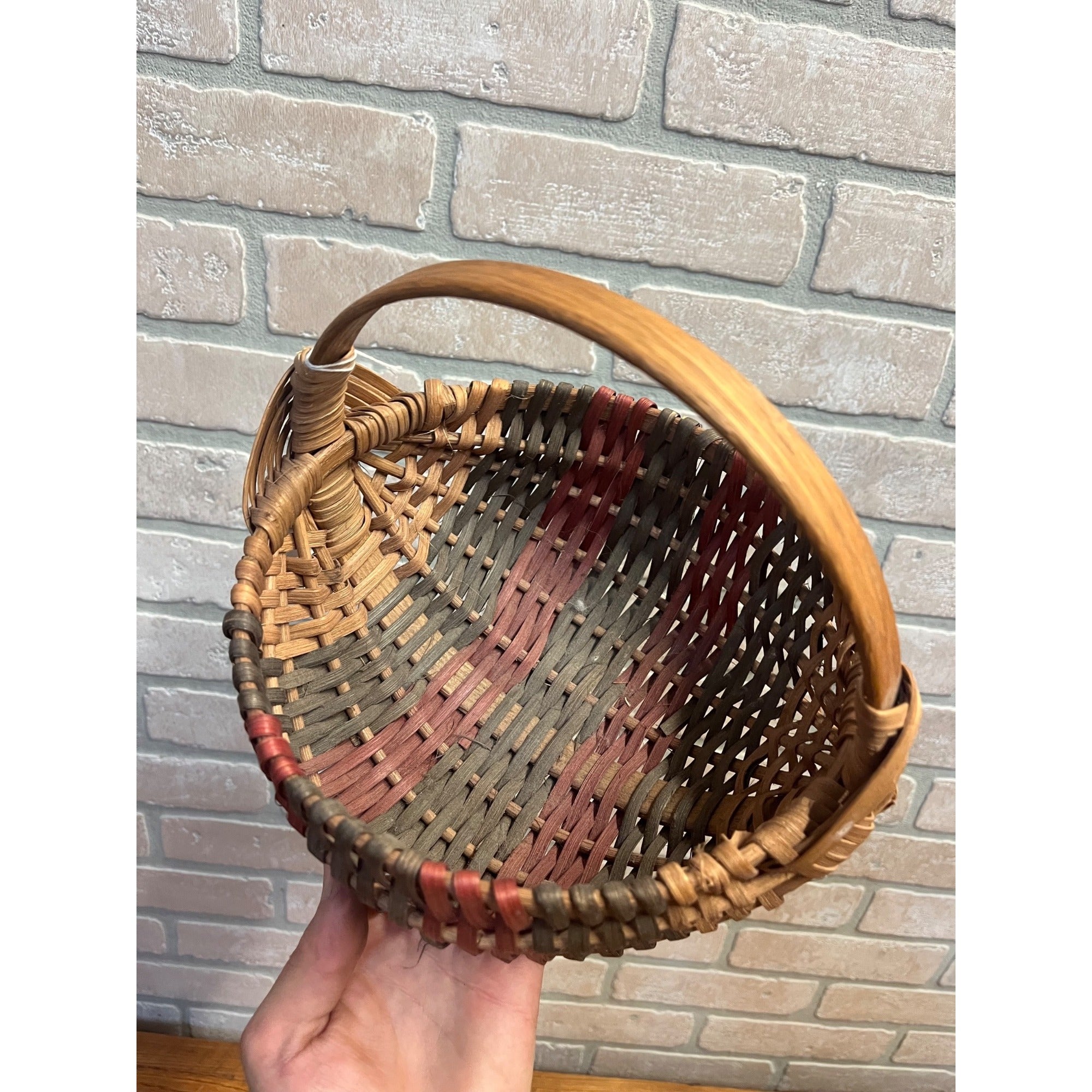 Vintage Handwoven Split Oak Basket Bentwood Handle Primitive Farmhouse Decor Signed Dated 1999