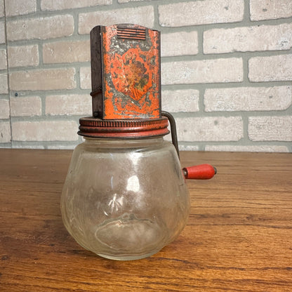 Vtg 1940s Androck USA Food Nut Spice Grinder Red Flower Design Wood Knob