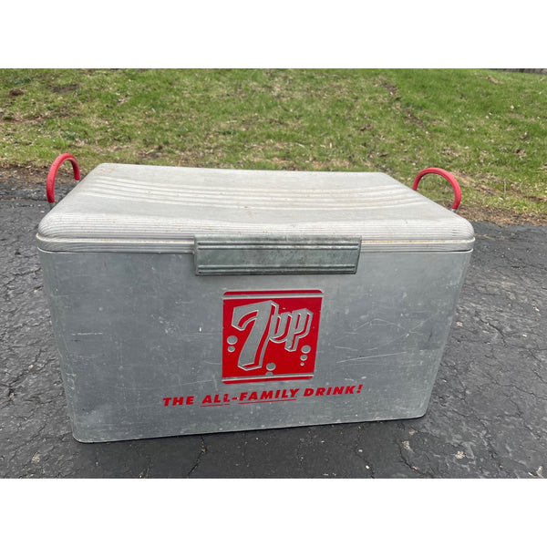 Vintage 1950's Aluminum 7UP Picnic Advertising Metal Cooler Ice Chest Cronstroms