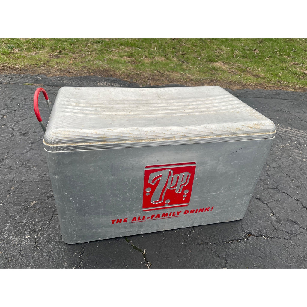 Vintage 1950's Aluminum 7UP Picnic Advertising Metal Cooler Ice Chest Cronstroms