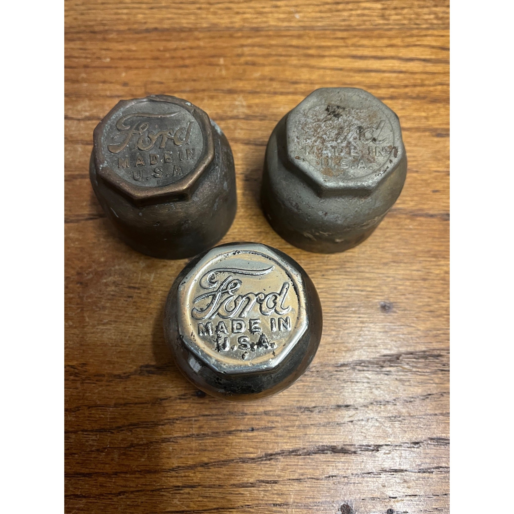 Original Ford Model T Hub Grease Cap Script Logo Lot (3) Nickel Brass Antique