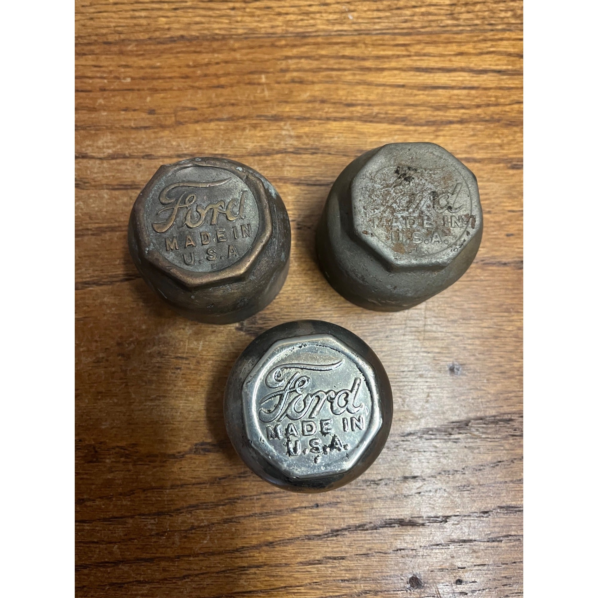 Original Ford Model T Hub Grease Cap Script Logo Lot (3) Nickel Brass Antique
