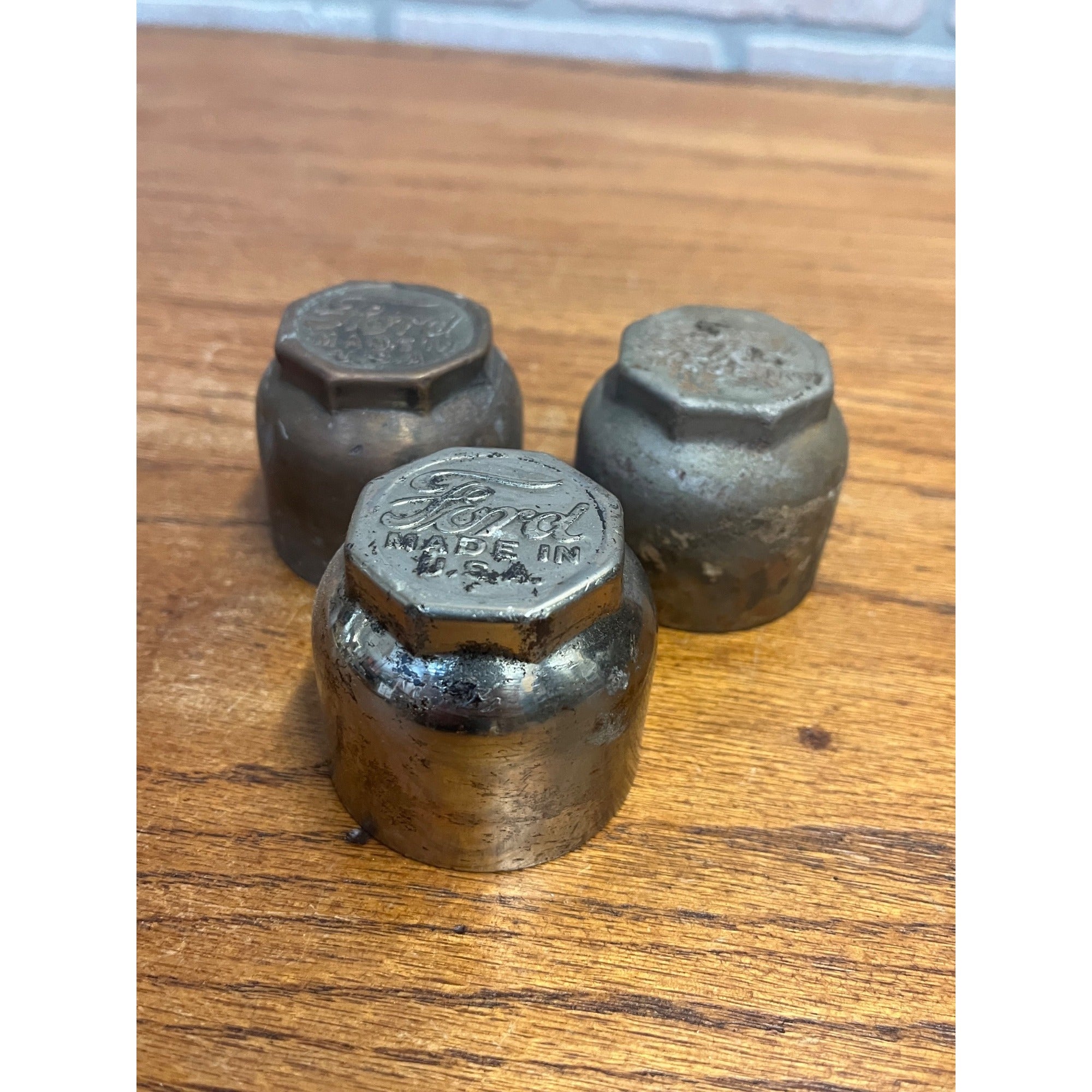 Original Ford Model T Hub Grease Cap Script Logo Lot (3) Nickel Brass Antique