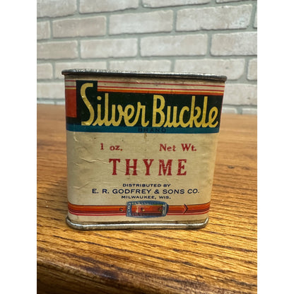 Vintage Silver Buckle Thyme Spice Tin Advertising Milwaukee WI ER Godfrey Sons