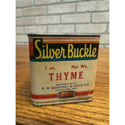 Vintage Silver Buckle Thyme Spice Tin Advertising Milwaukee WI ER Godfrey Sons