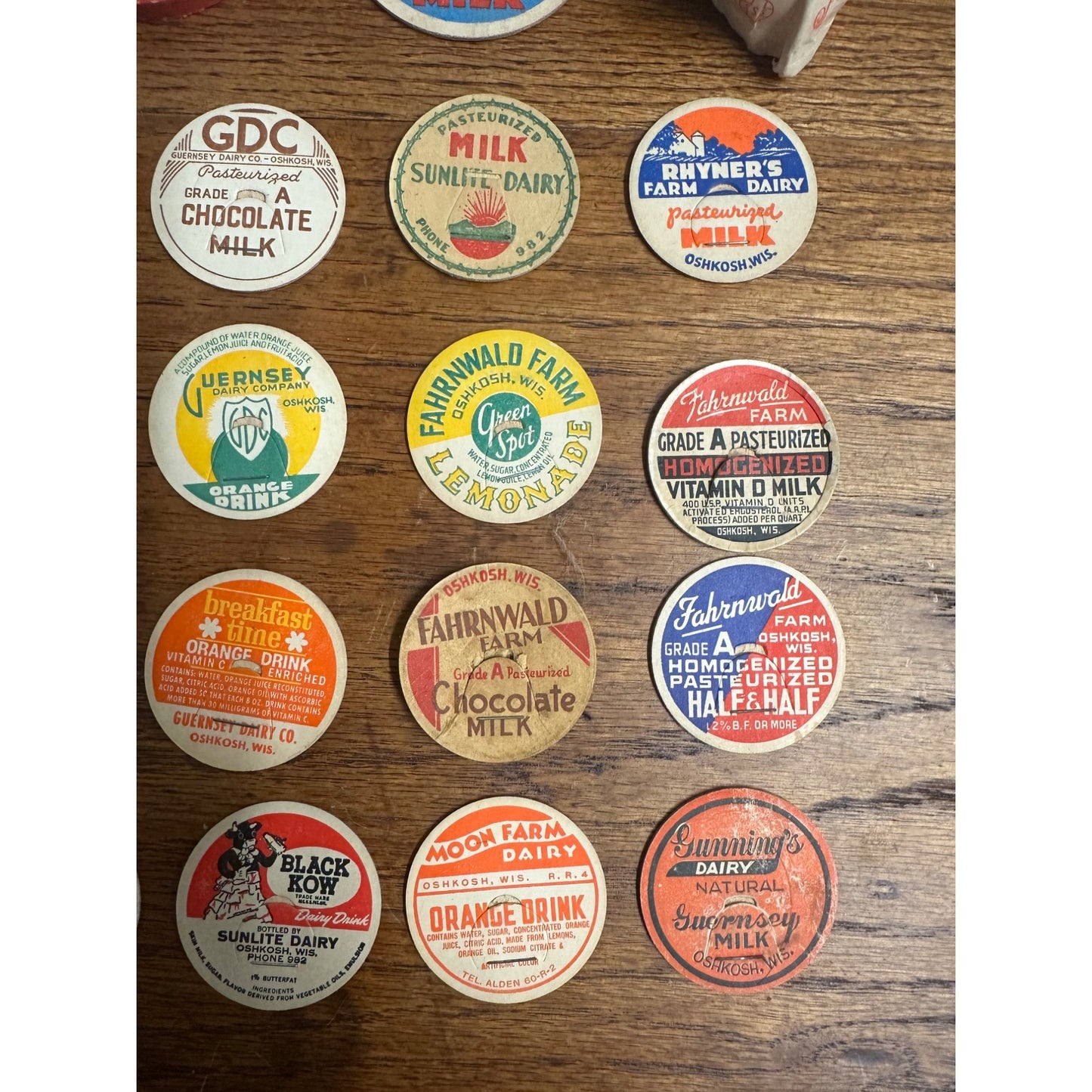 Vintage Oshkosh Wisconsin Collection of Milk Bottle Dairy Caps Covers