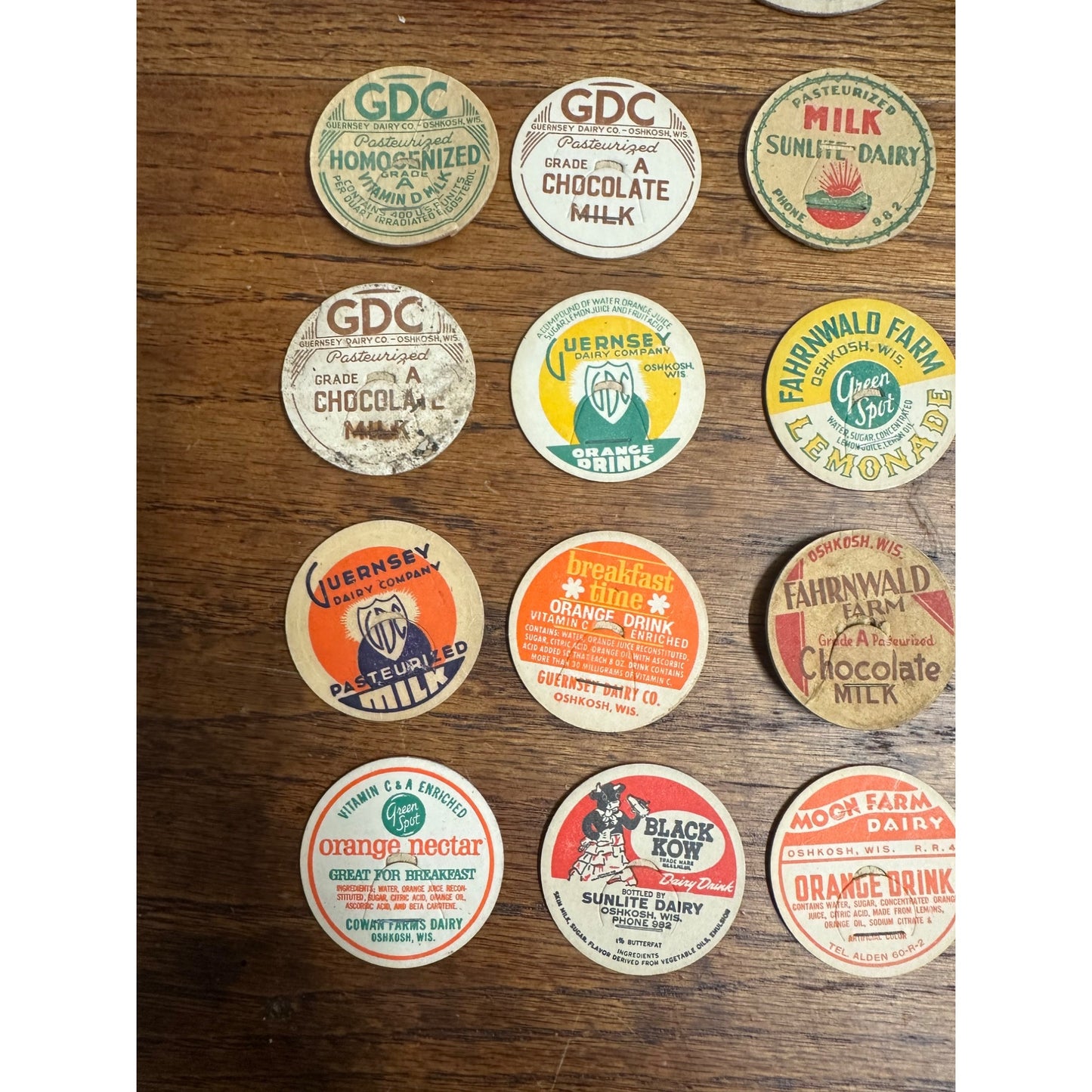 Vintage Oshkosh Wisconsin Collection of Milk Bottle Dairy Caps Covers