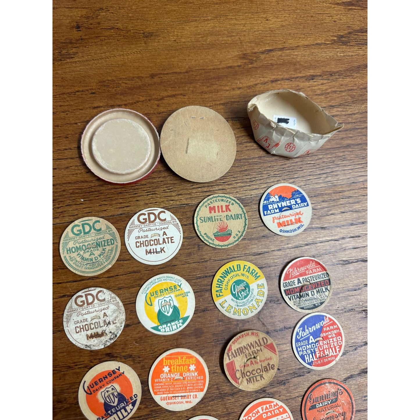 Vintage Oshkosh Wisconsin Collection of Milk Bottle Dairy Caps Covers