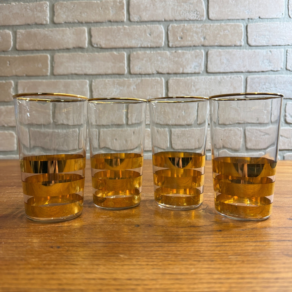 Vintage Gold Striped Mid-Century Drinking Glasses Tumblers Set 4 Culver? Thorpe?
