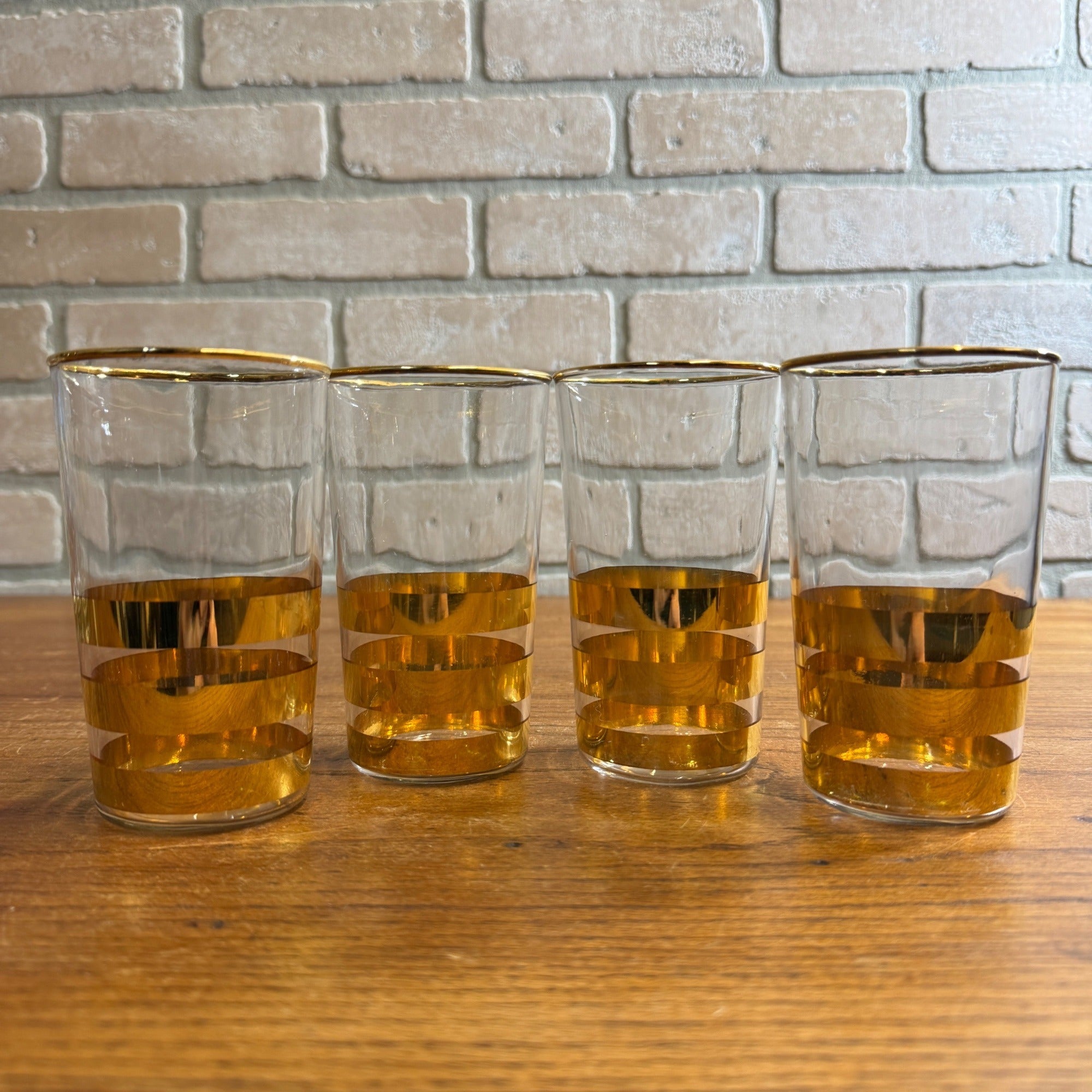 Vintage Gold Striped Mid-Century Drinking Glasses Tumblers Set 4 Culver? Thorpe?