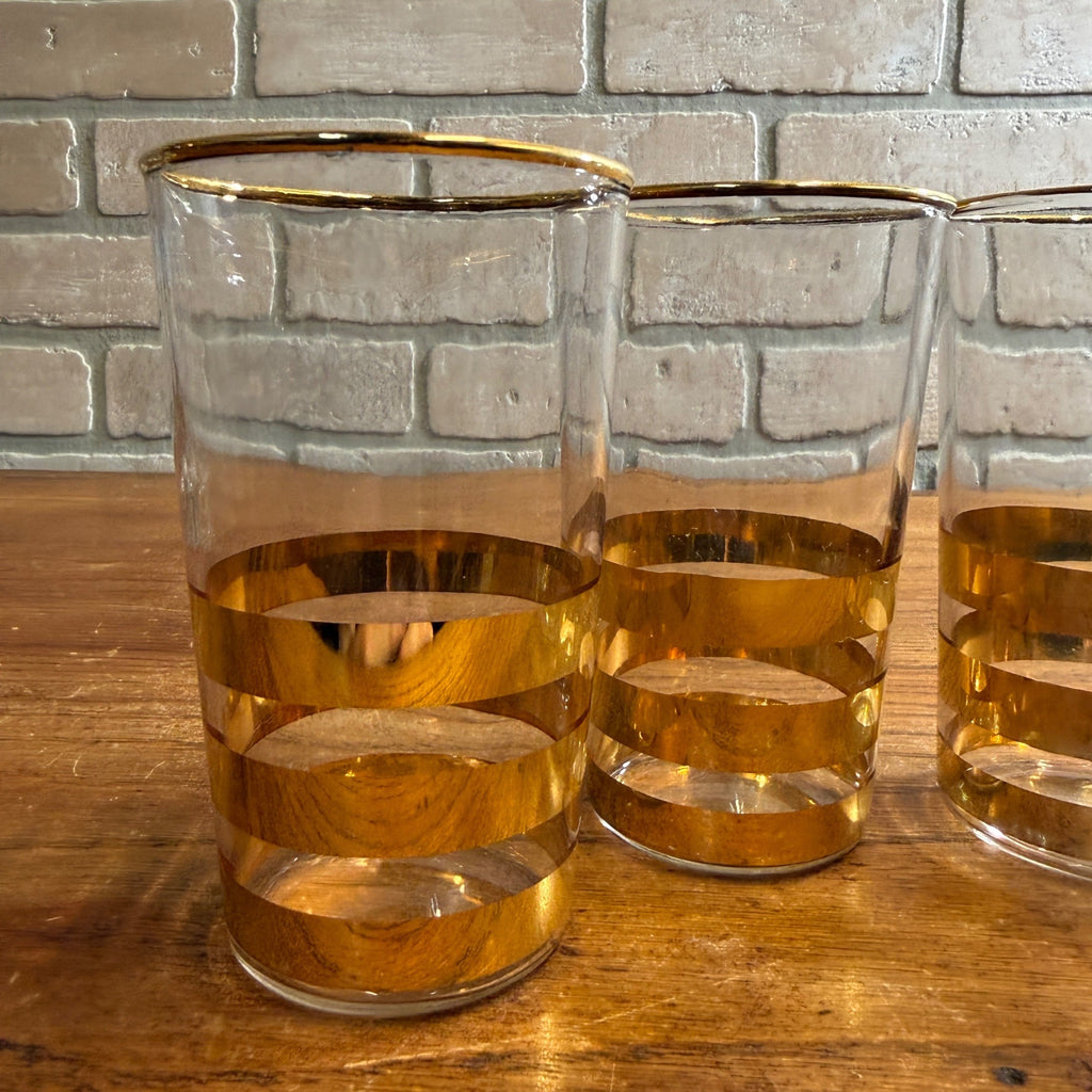 Vintage Gold Striped Mid-Century Drinking Glasses Tumblers Set 4 Culver? Thorpe?