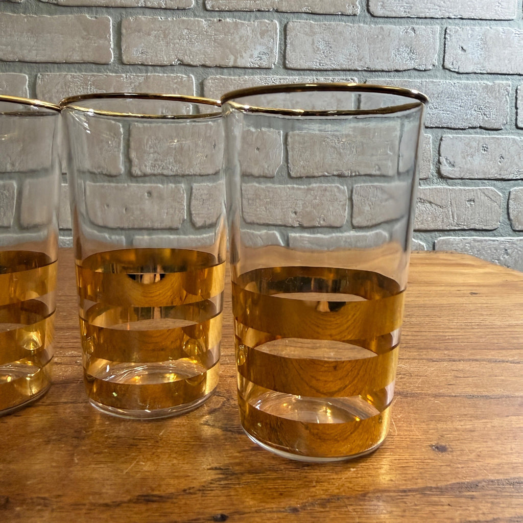 Vintage Gold Striped Mid-Century Drinking Glasses Tumblers Set 4 Culver? Thorpe?