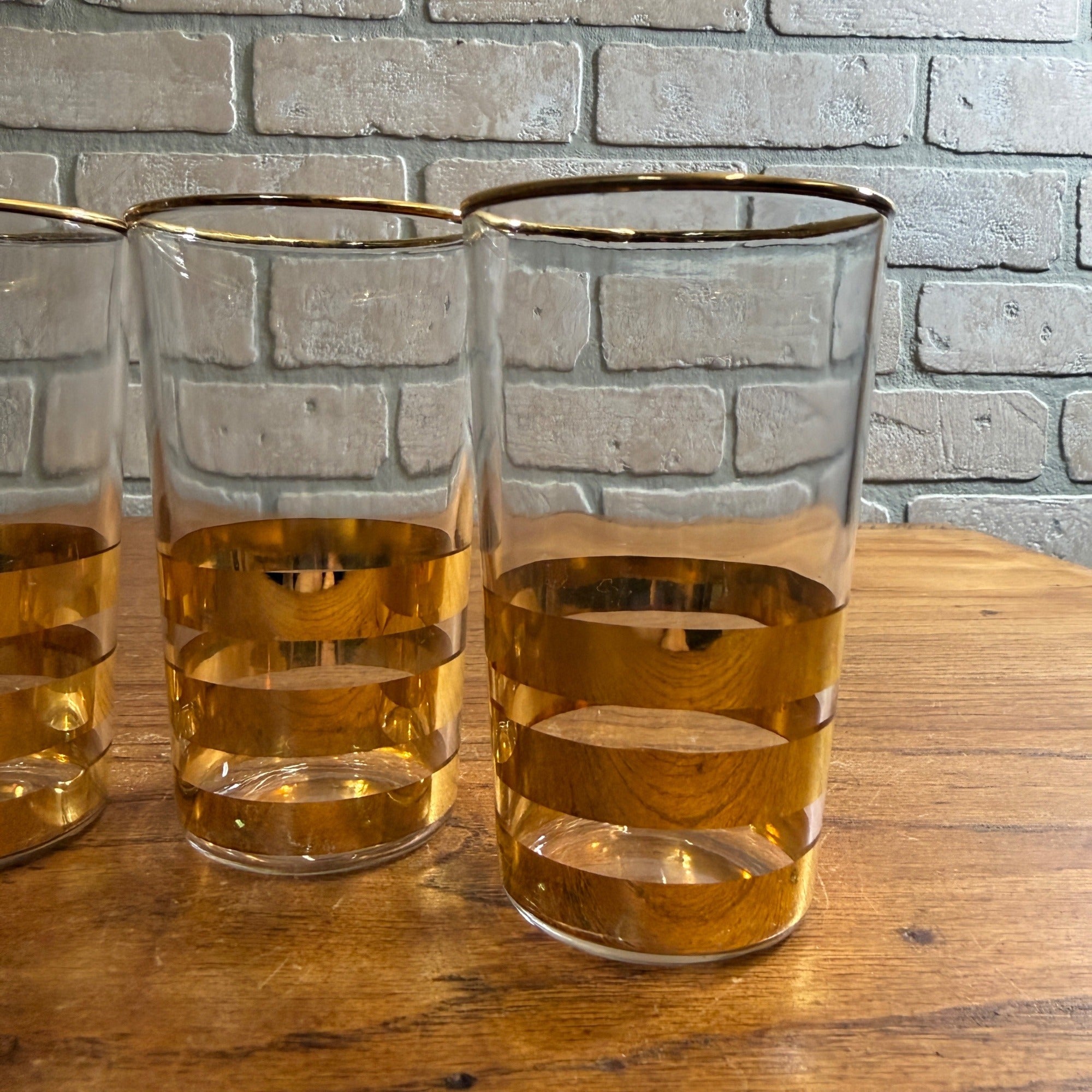 Vintage Gold Striped Mid-Century Drinking Glasses Tumblers Set 4 Culver? Thorpe?