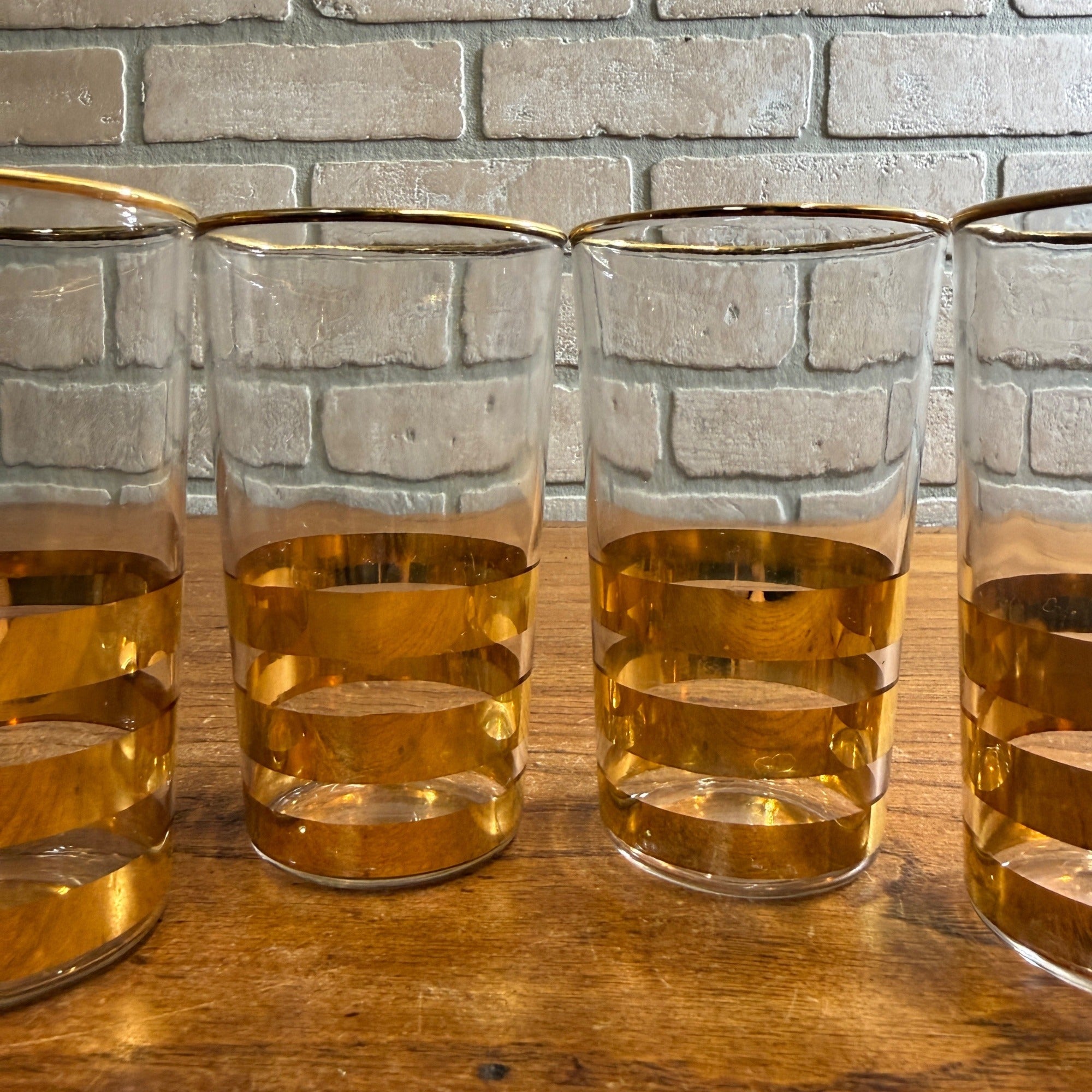 Vintage Gold Striped Mid-Century Drinking Glasses Tumblers Set 4 Culver? Thorpe?