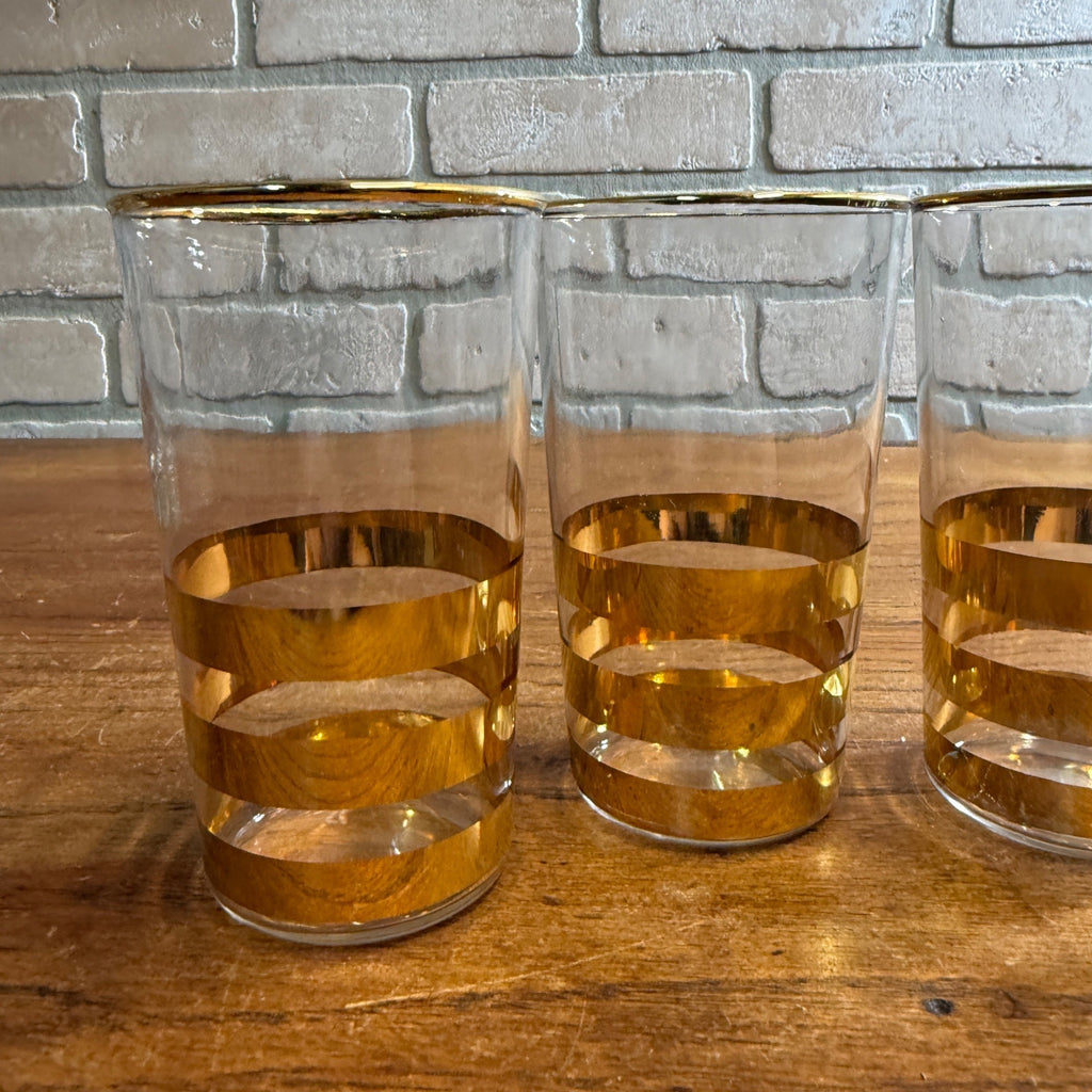 Vintage Gold Striped Mid-Century Drinking Glasses Tumblers Set 4 Culver? Thorpe?