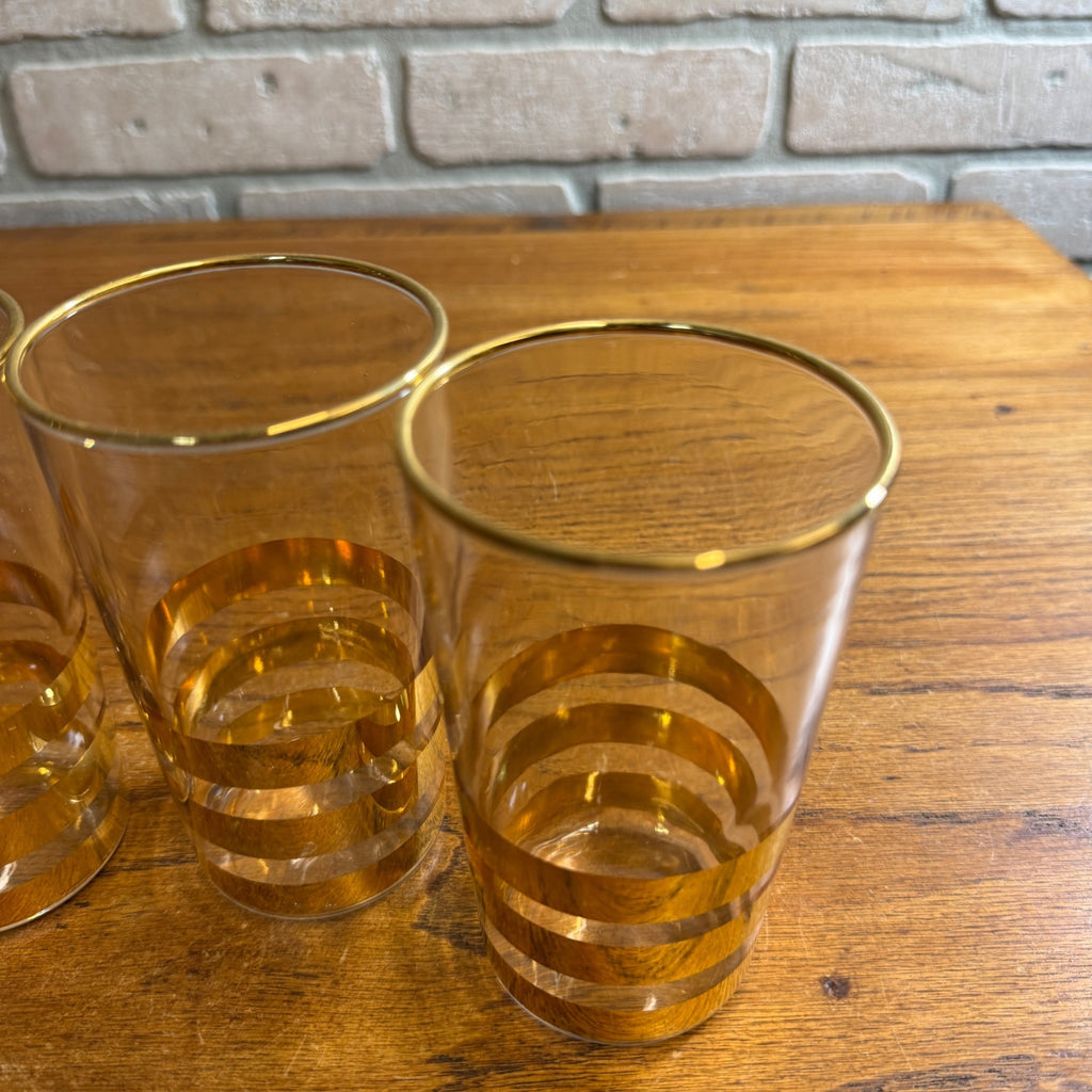 Vintage Gold Striped Mid-Century Drinking Glasses Tumblers Set 4 Culver? Thorpe?