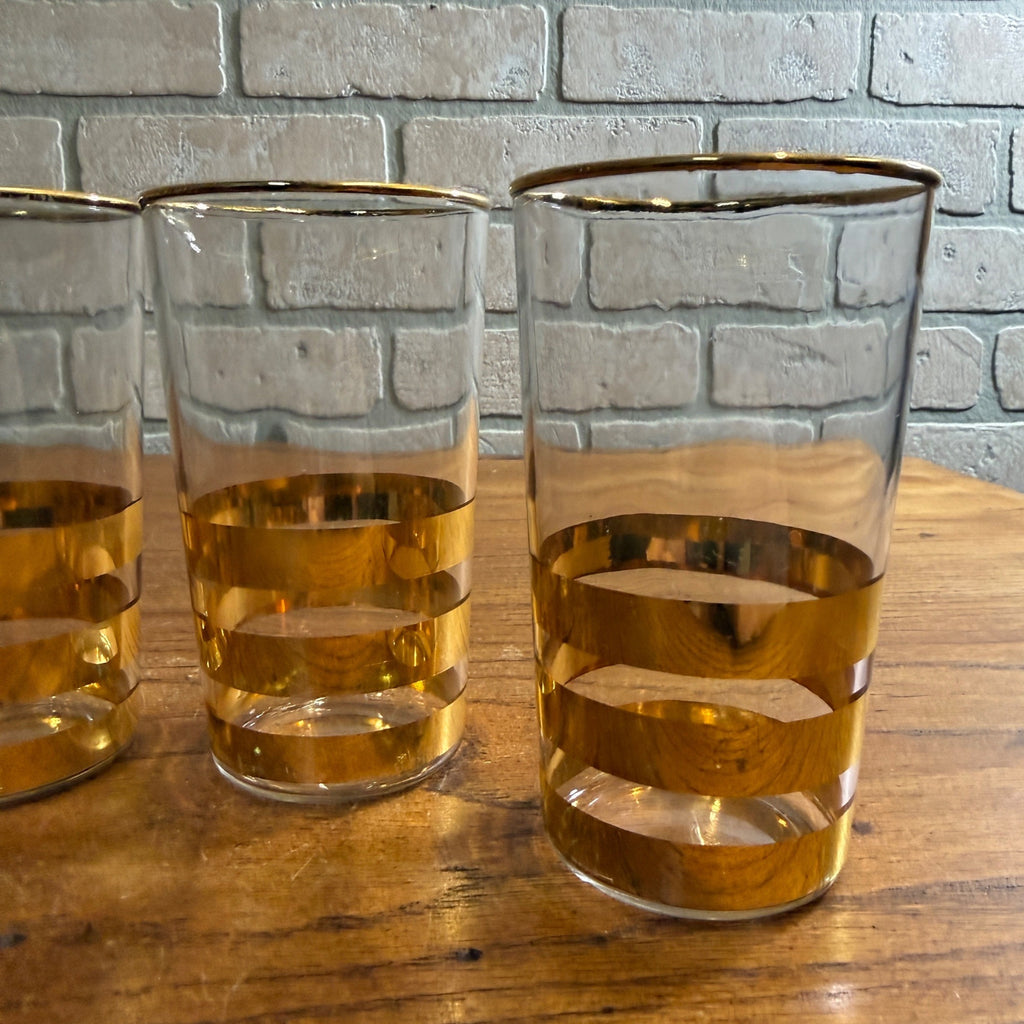 Vintage Gold Striped Mid-Century Drinking Glasses Tumblers Set 4 Culver? Thorpe?