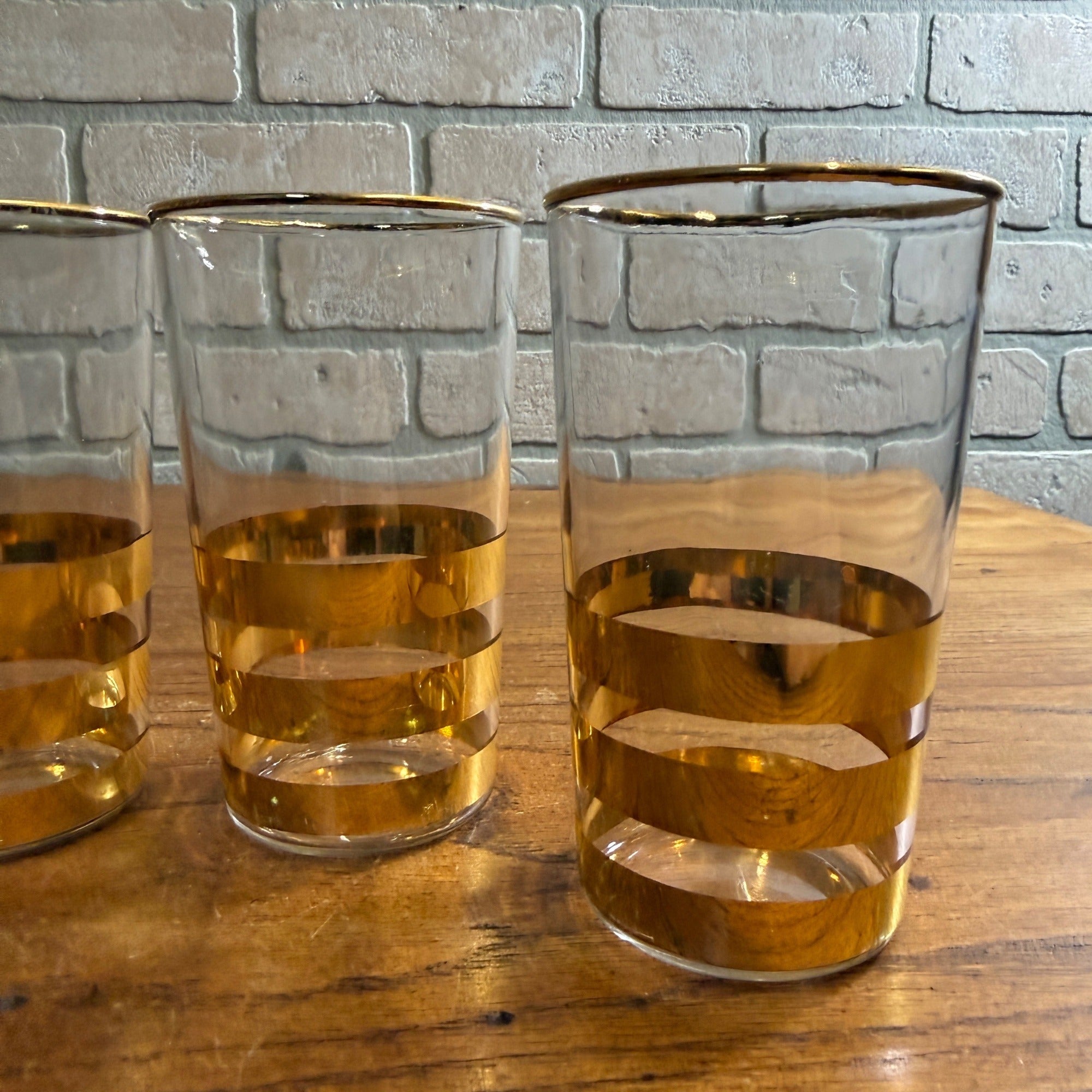 Vintage Gold Striped Mid-Century Drinking Glasses Tumblers Set 4 Culver? Thorpe?