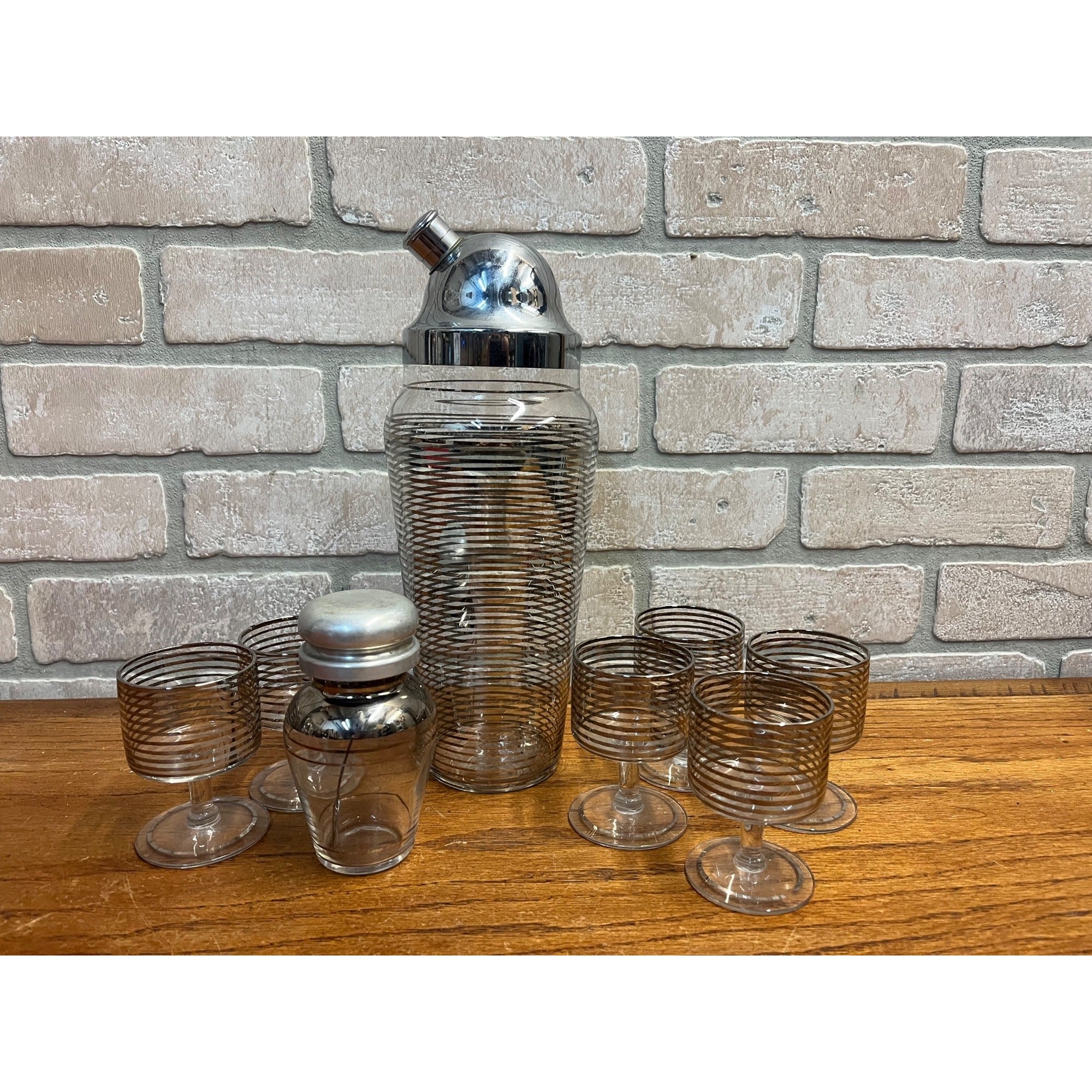Vintage 1960s MCM Silver Banded Cocktail Shaker Bar Set 8pc Art Deco - Hocking?
