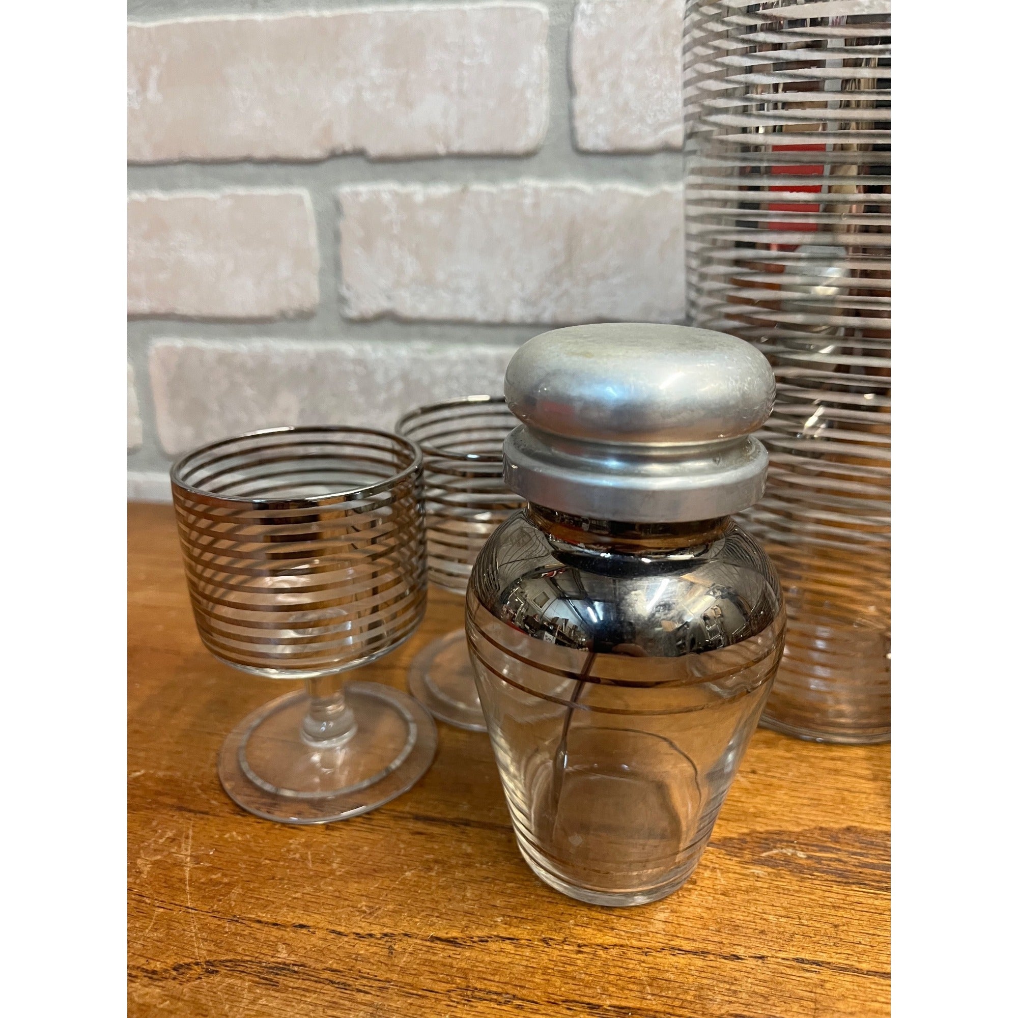 Vintage 1960s MCM Silver Banded Cocktail Shaker Bar Set 8pc Art Deco - Hocking?