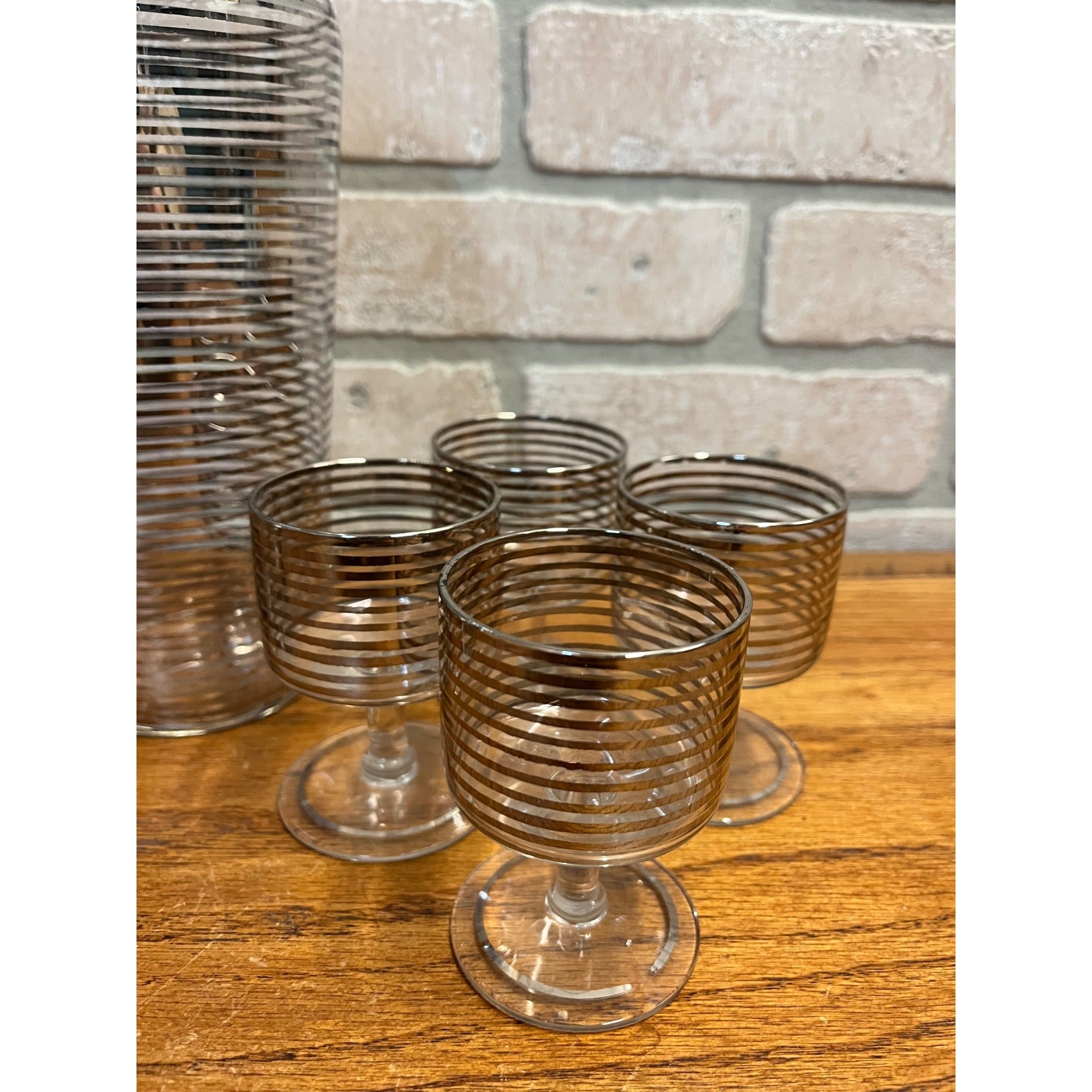 Vintage 1960s MCM Silver Banded Cocktail Shaker Bar Set 8pc Art Deco - Hocking?