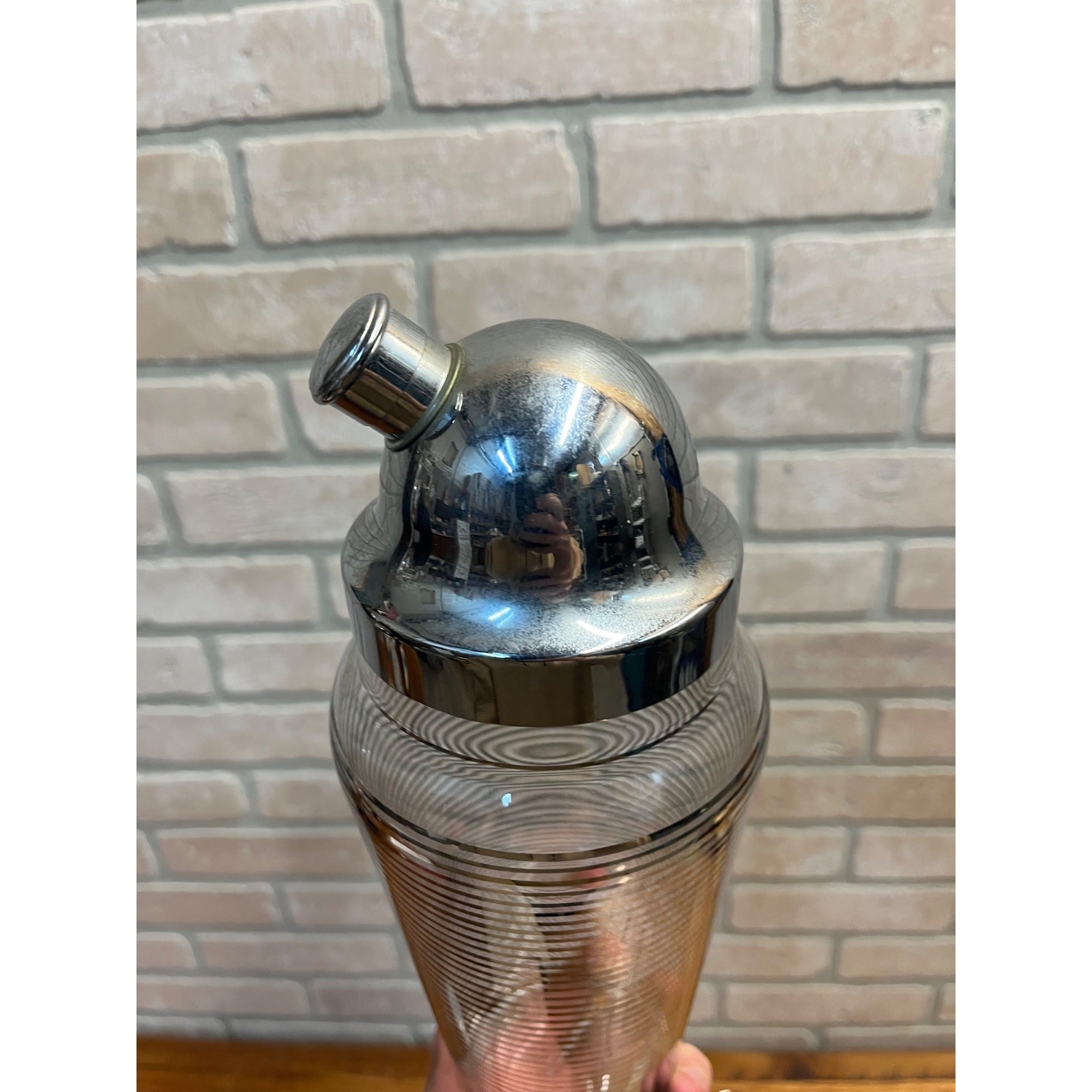 Vintage 1960s MCM Silver Banded Cocktail Shaker Bar Set 8pc Art Deco - Hocking?