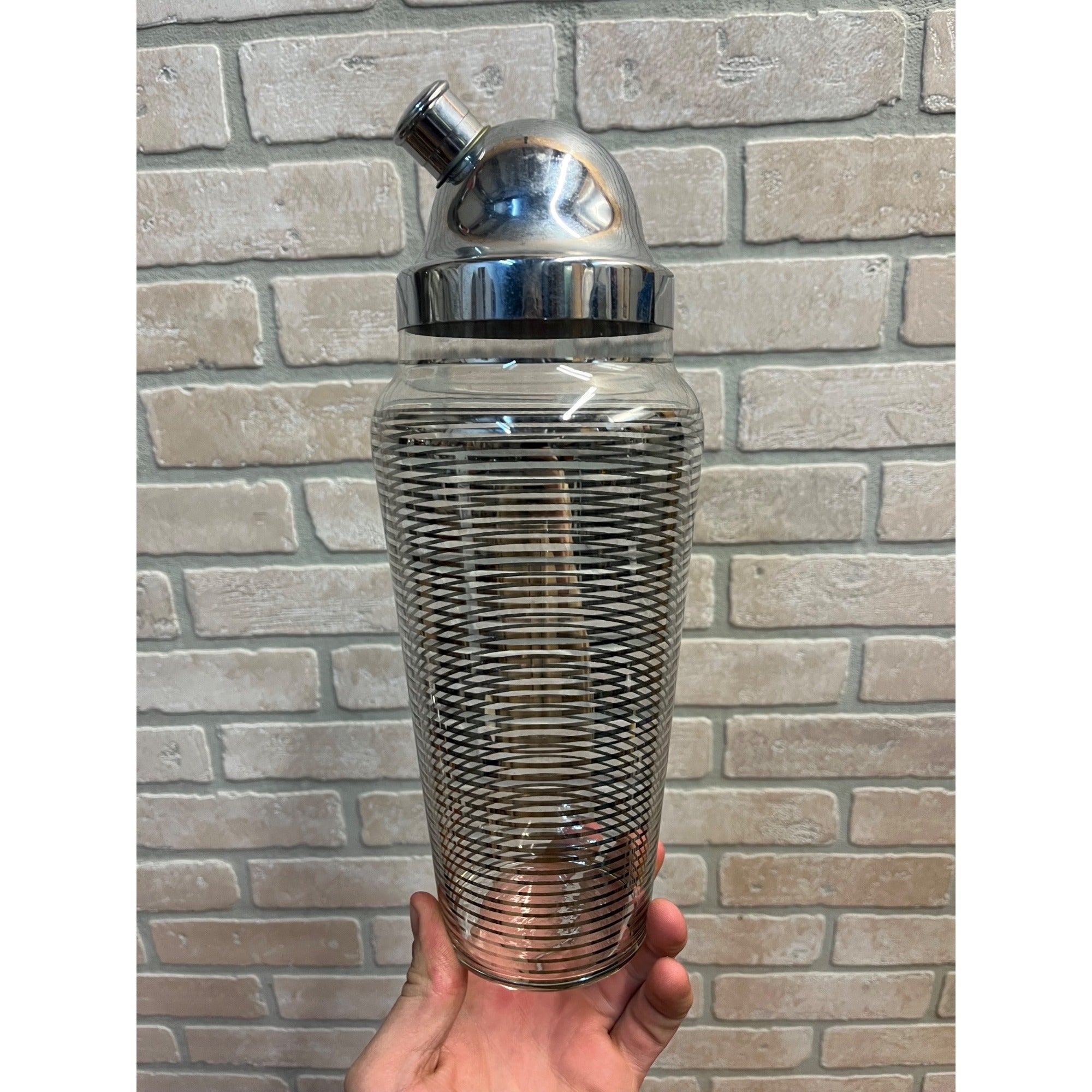 Vintage 1960s MCM Silver Banded Cocktail Shaker Bar Set 8pc Art Deco - Hocking?