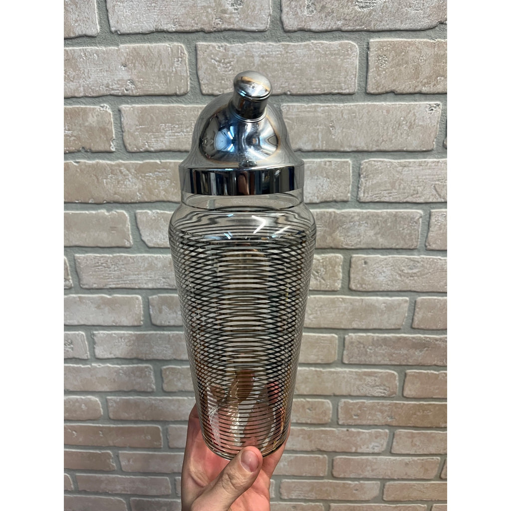 Vintage 1960s MCM Silver Banded Cocktail Shaker Bar Set 8pc Art Deco - Hocking?