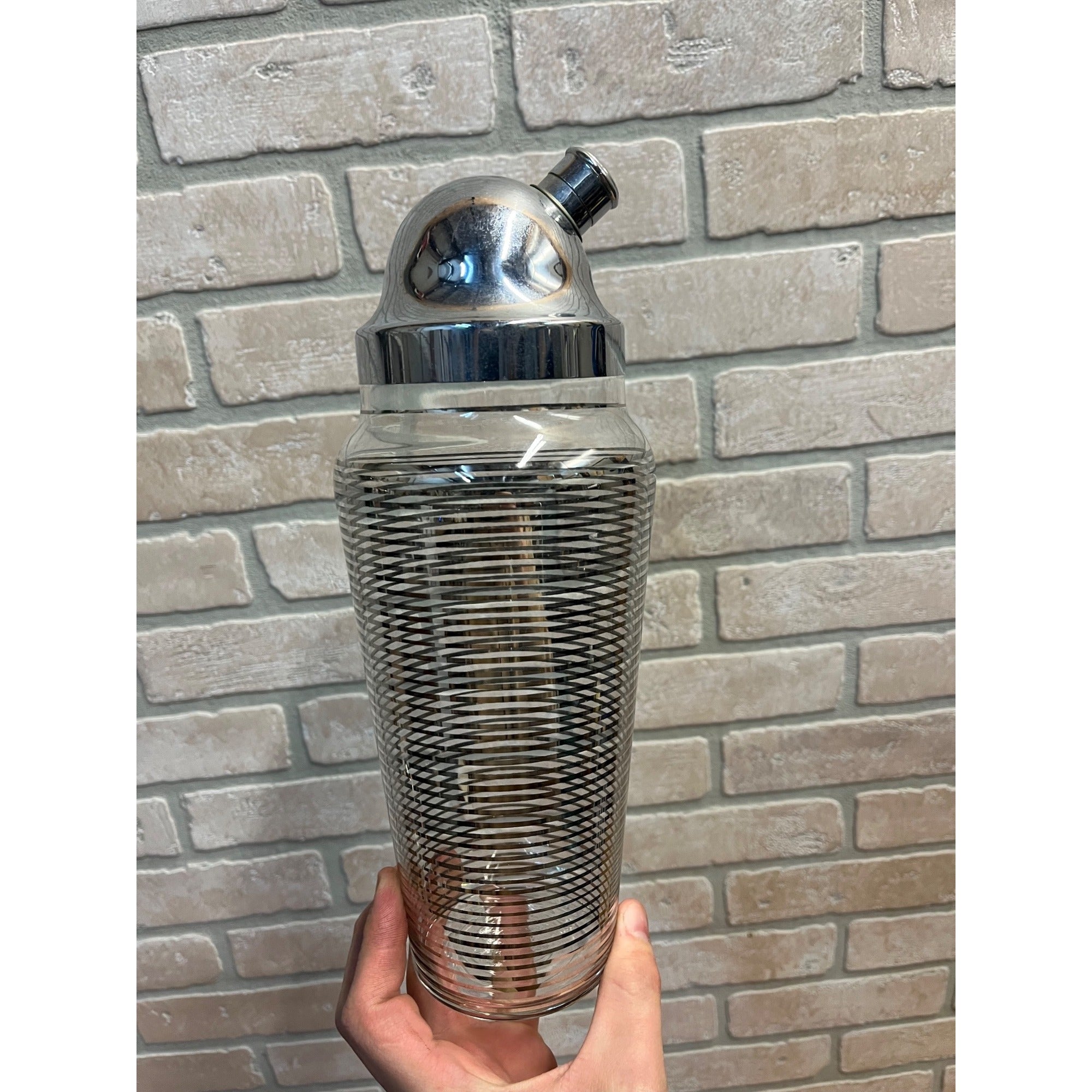 Vintage 1960s MCM Silver Banded Cocktail Shaker Bar Set 8pc Art Deco - Hocking?