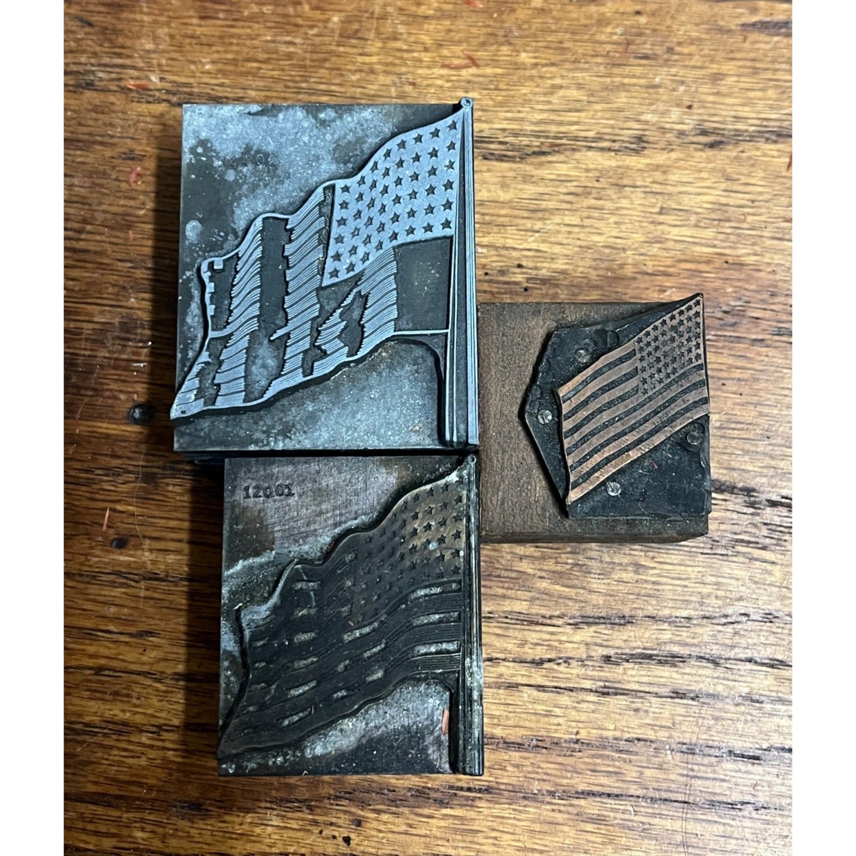 Vintage Letterpress Printing Block American Flags USA Patriotic Lot (3) Stamps