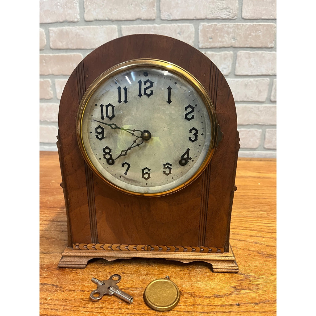 Vintage Wooden Body Mantle Clock Beehive Style With Metal Dial and Glass Dome Lid 1900's