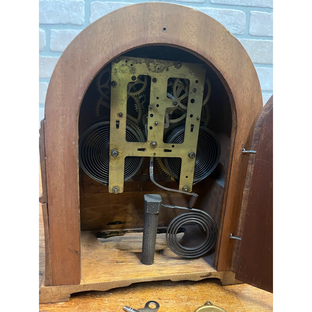 Vintage Wooden Body Mantle Clock Beehive Style With Metal Dial and Glass Dome Lid 1900's
