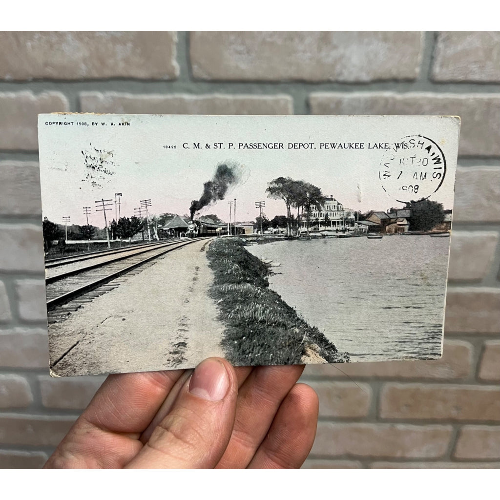 Wisconsin, WI, Pewaukee Lake, C M & St P Passenger Depot Early Postcard