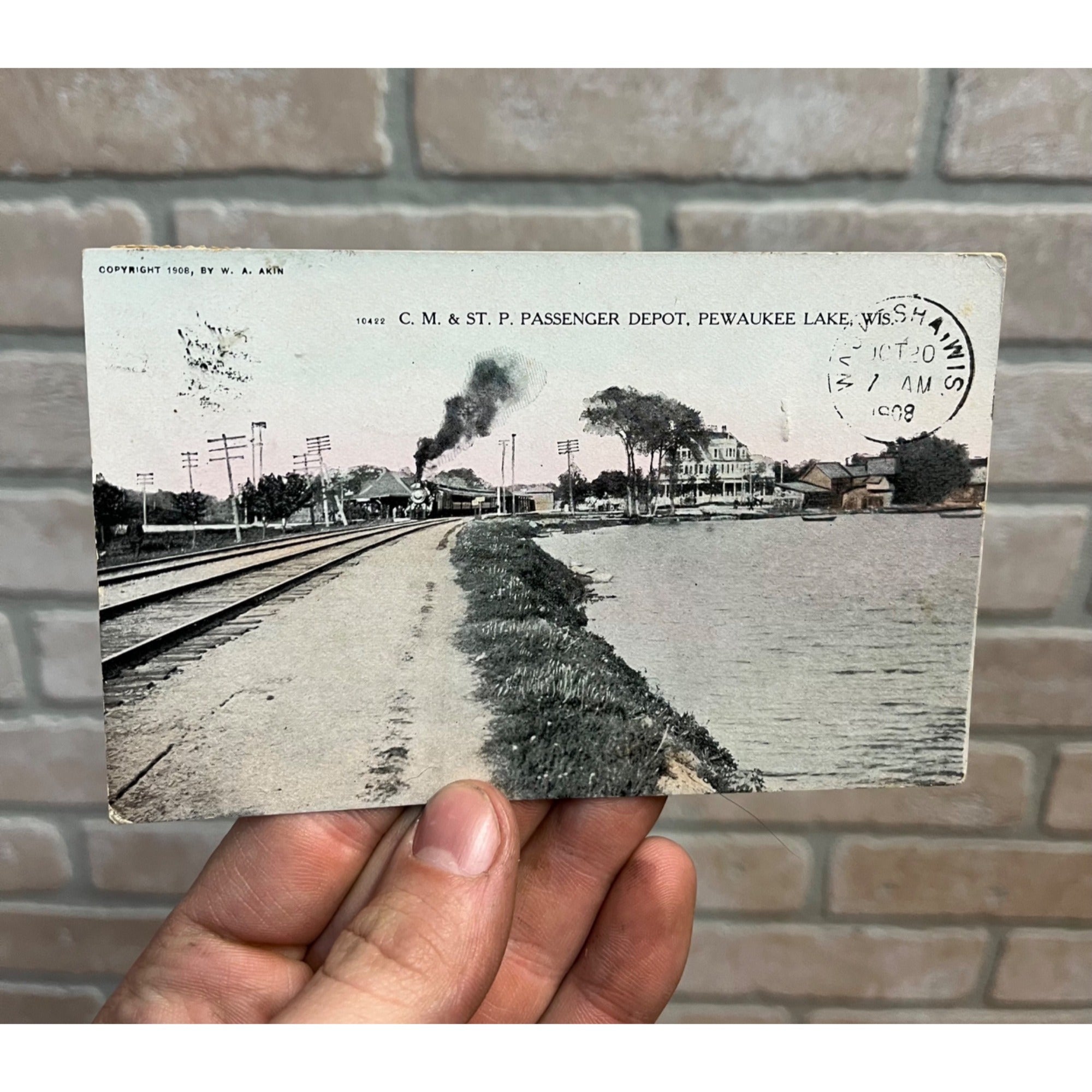Wisconsin, WI, Pewaukee Lake, C M & St P Passenger Depot Early Postcard