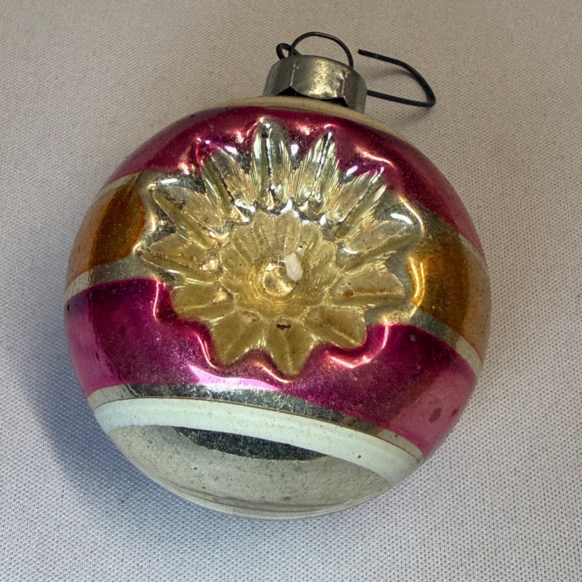 Vintage Mercury Double Indent Christmas Ornament Pink Stripe USA 2" - Shiny Brite?