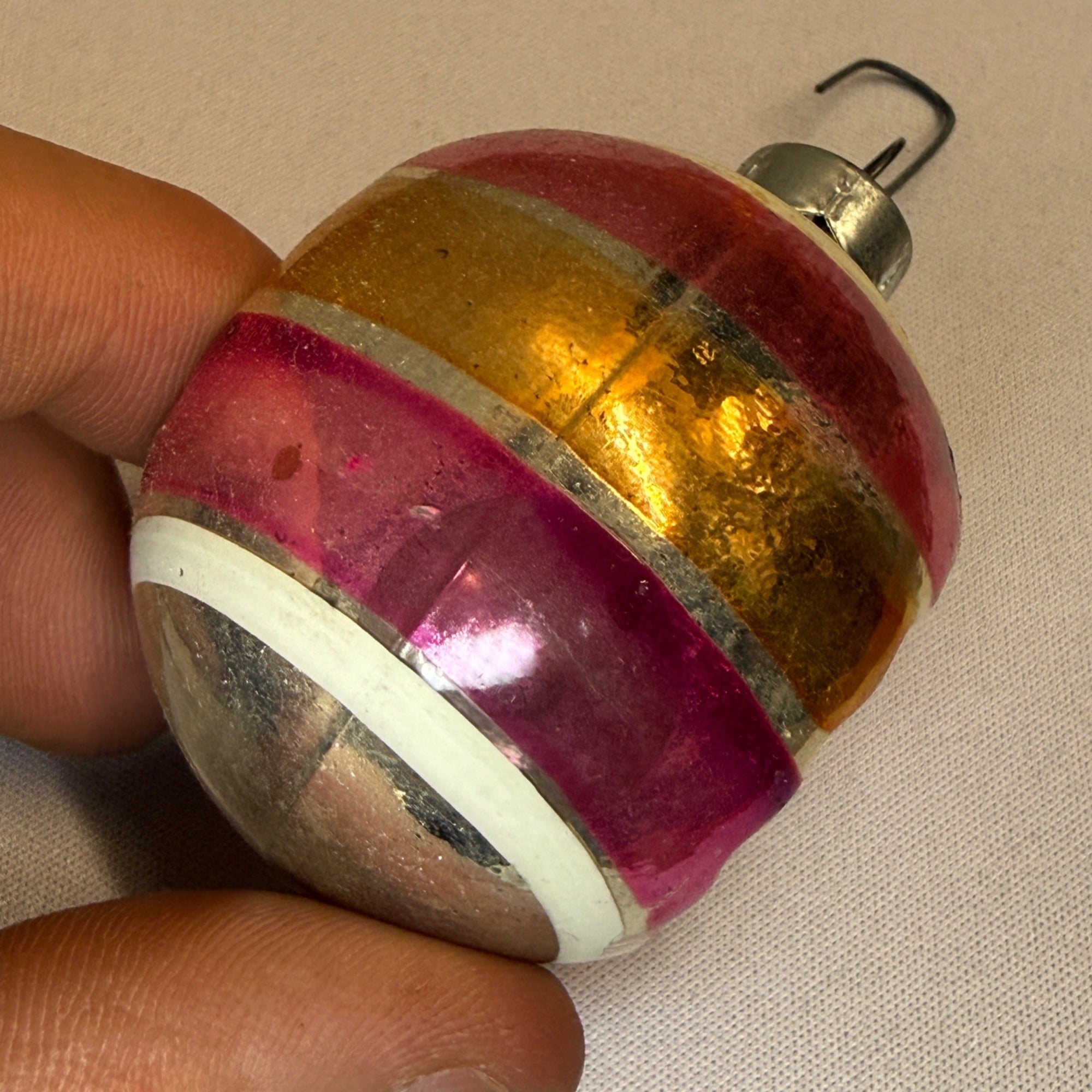Vintage Mercury Double Indent Christmas Ornament Pink Stripe USA 2" - Shiny Brite?