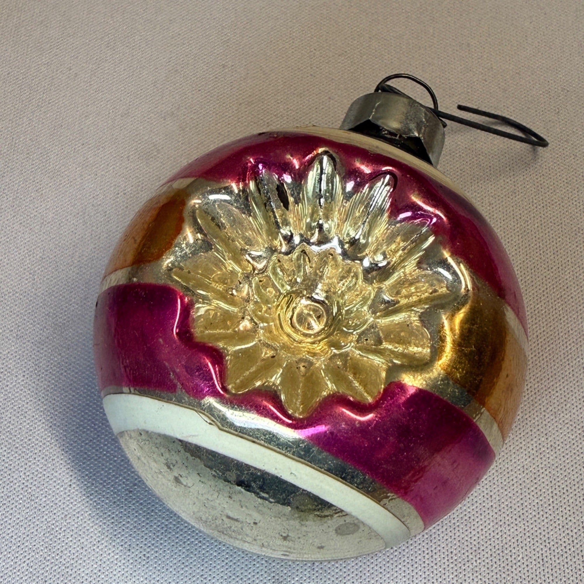 Vintage Mercury Double Indent Christmas Ornament Pink Stripe USA 2" - Shiny Brite?