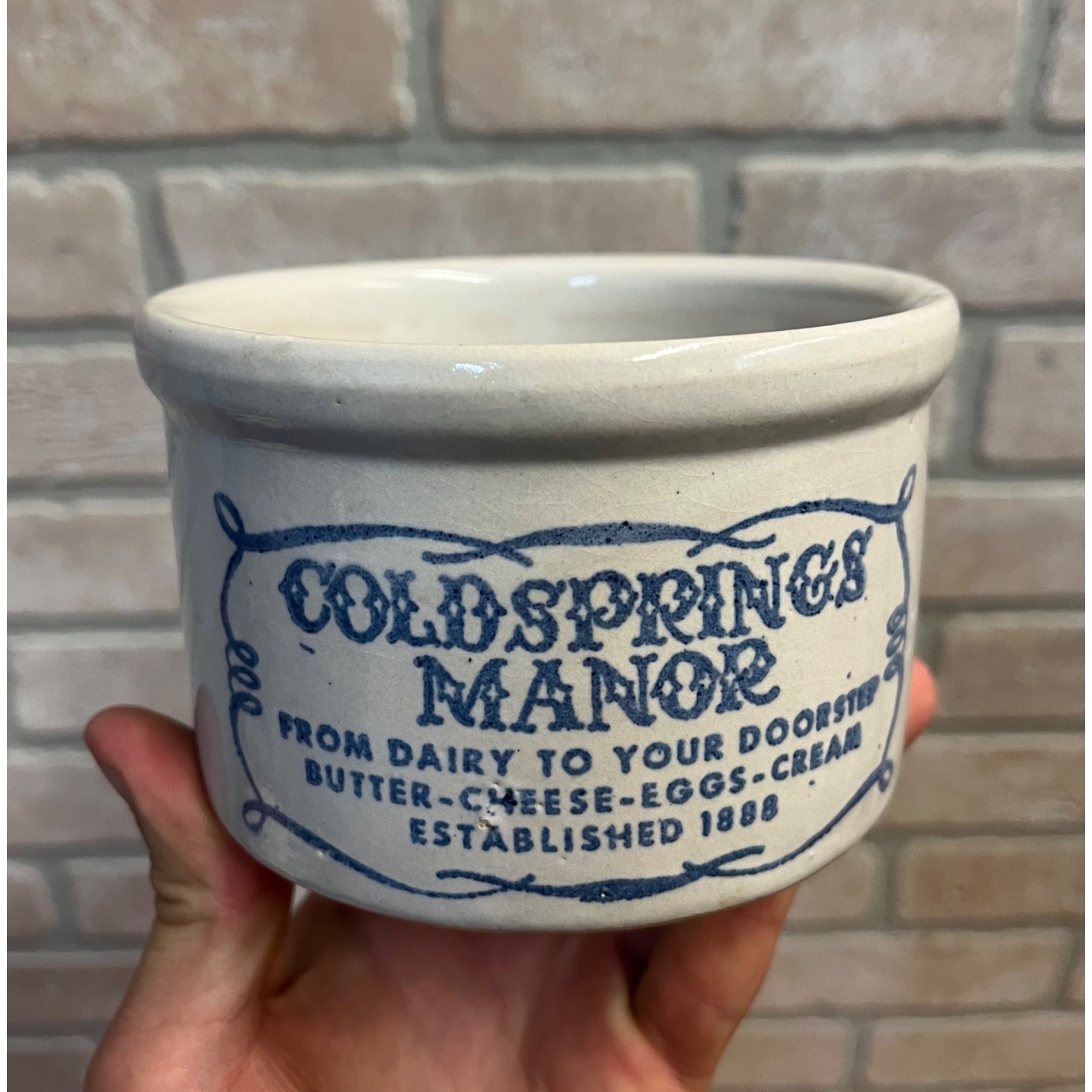 Vintage Coldsprings Manor Glazed Stoneware Butter or Cheese Crock Blue Lettering USA Primitive Kitchen Decor