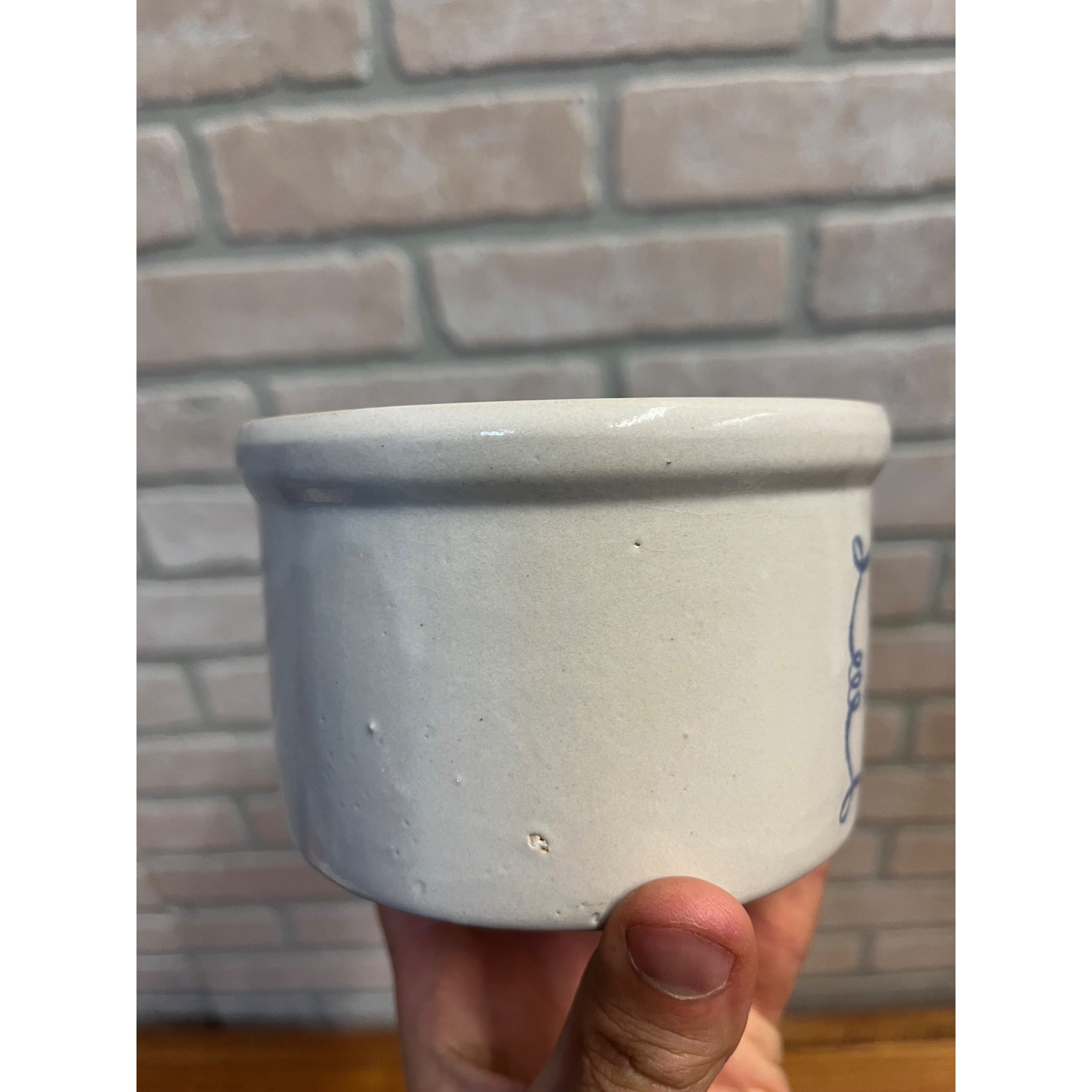 Vintage Coldsprings Manor Glazed Stoneware Butter or Cheese Crock Blue Lettering USA Primitive Kitchen Decor