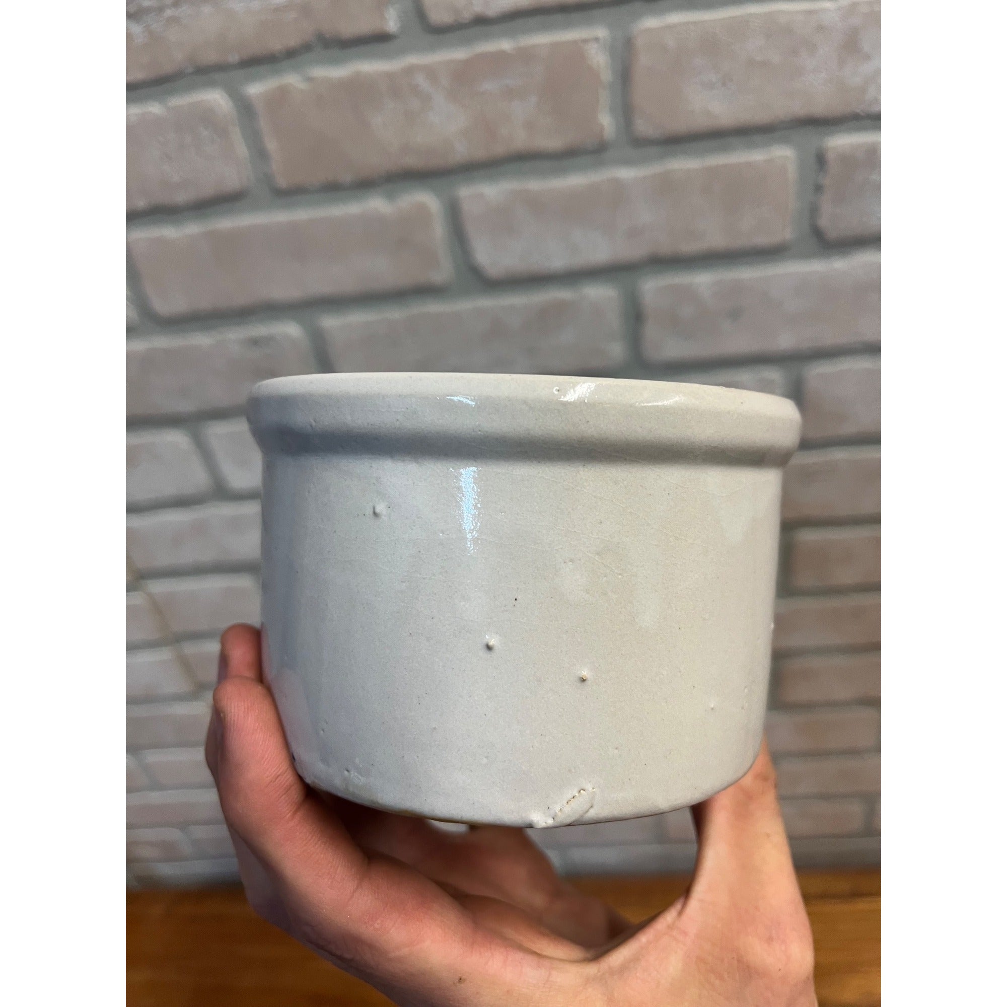 Vintage Coldsprings Manor Glazed Stoneware Butter or Cheese Crock Blue Lettering USA Primitive Kitchen Decor