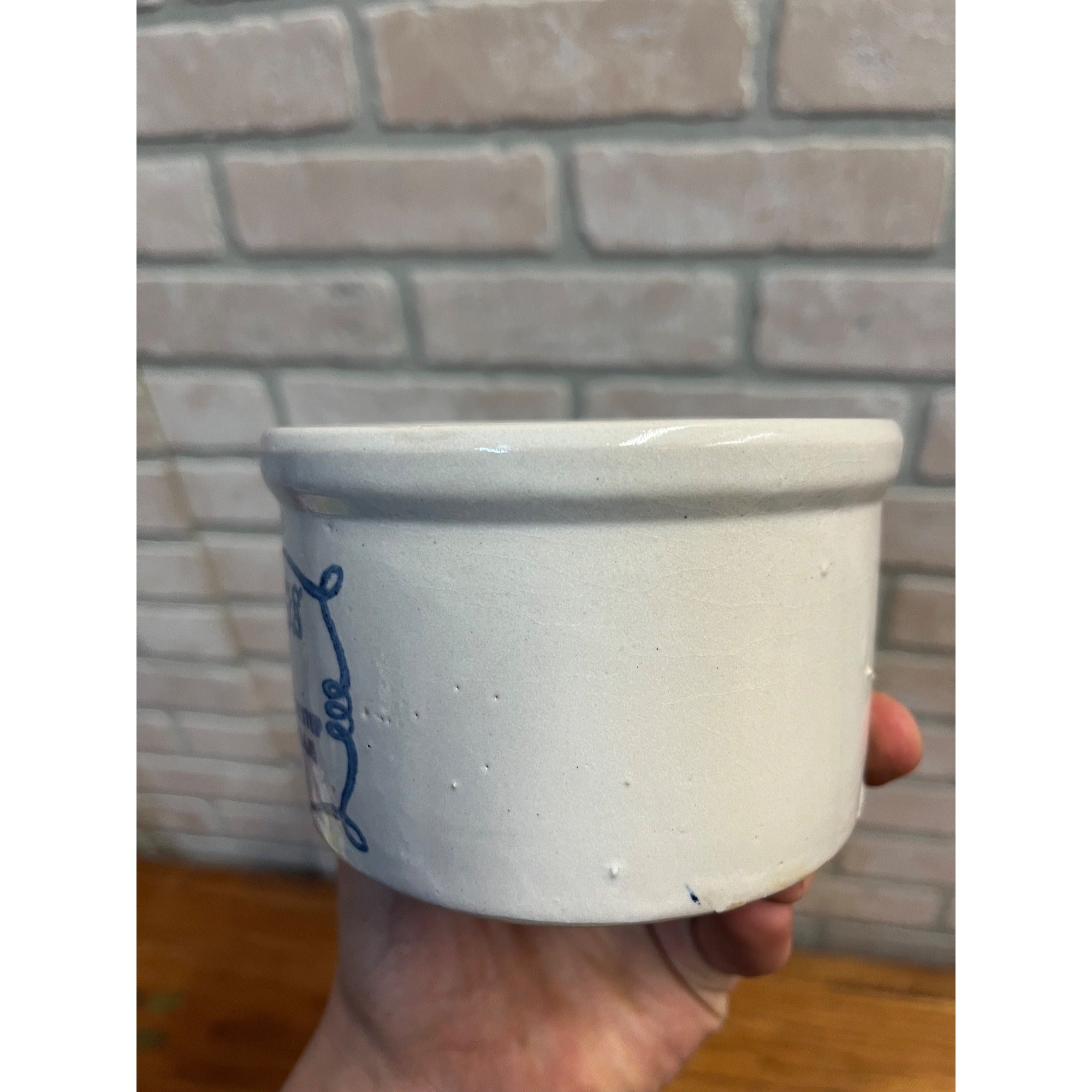 Vintage Coldsprings Manor Glazed Stoneware Butter or Cheese Crock Blue Lettering USA Primitive Kitchen Decor