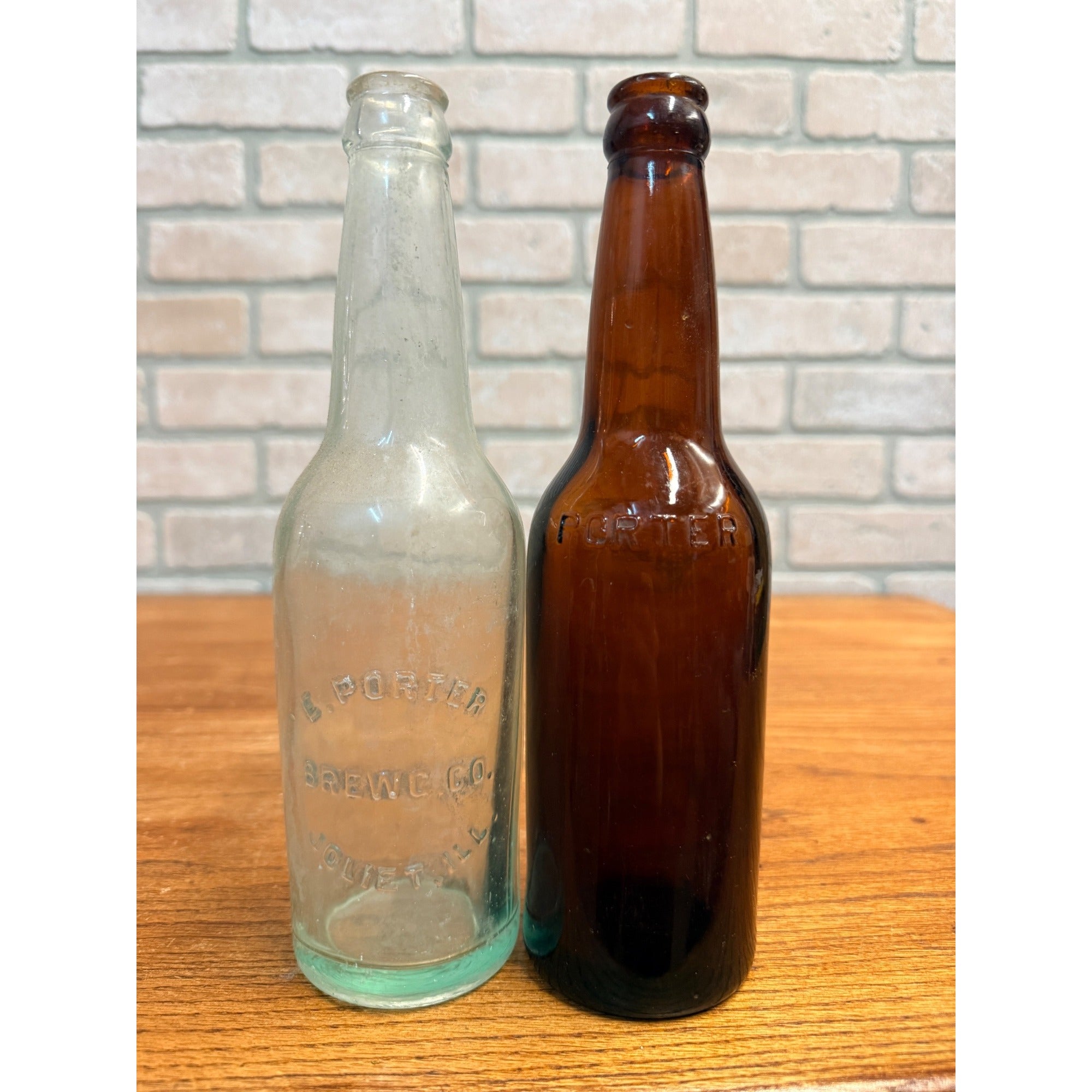 Porter's Beer Bottle Joliet, ILL. IL Crown Top Bottles Lot (2) Amber & Blue 12oz