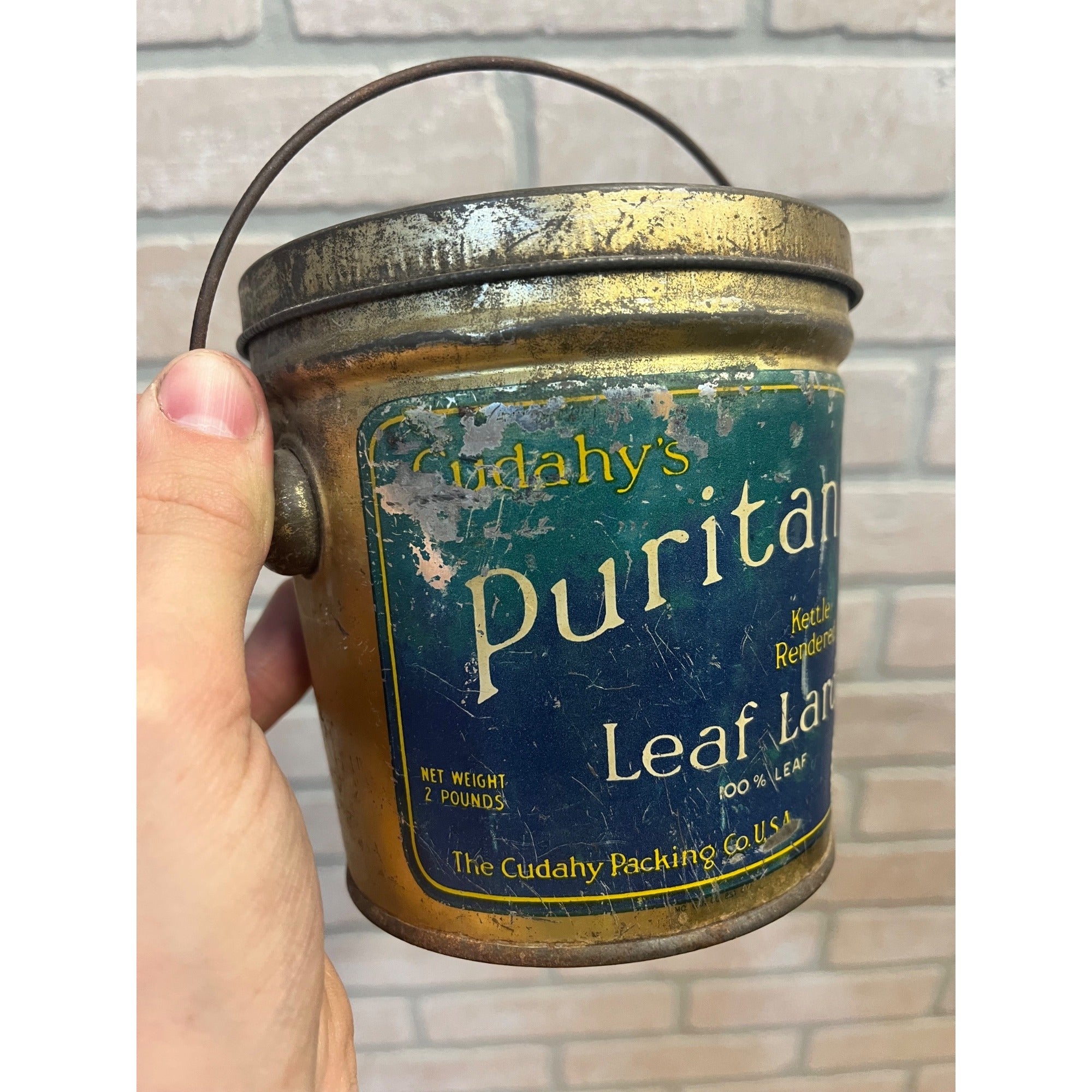 Vintage Cudahy's Puritan Kettle Leaf Lard Lidded Pail Advertising Tin
