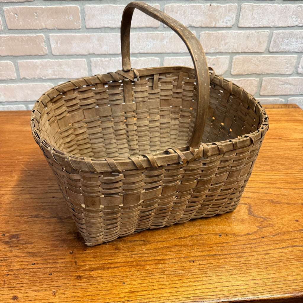 Antique Primitive Gathering Basket w/ Handle Early Woven Splint