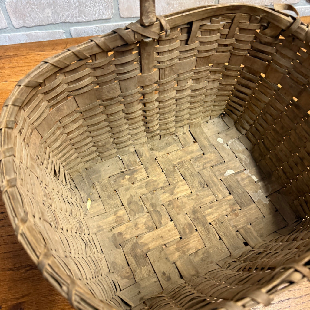 Antique Primitive Gathering Basket w/ Handle Early Woven Splint
