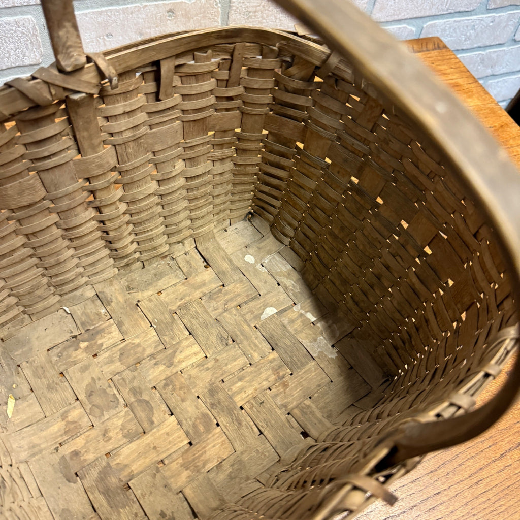 Antique Primitive Gathering Basket w/ Handle Early Woven Splint