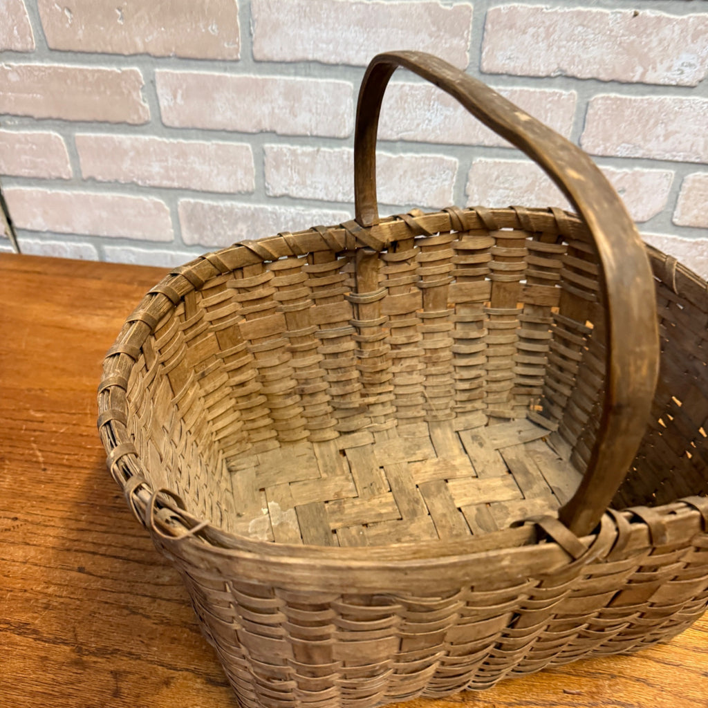 Antique Primitive Gathering Basket w/ Handle Early Woven Splint