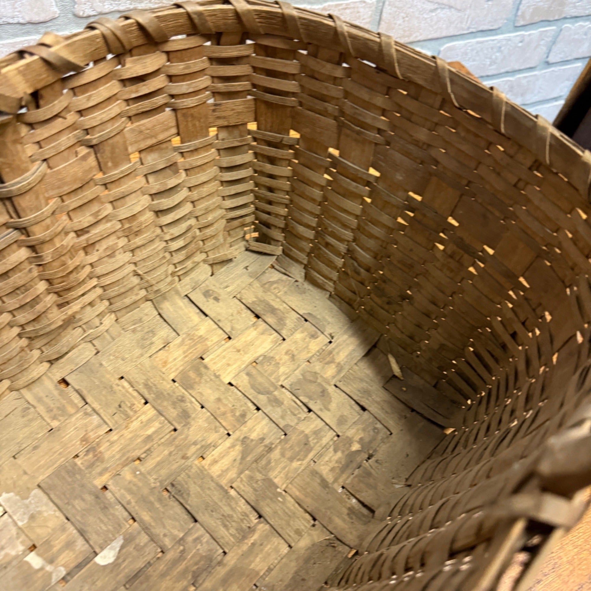Antique Primitive Gathering Basket w/ Handle Early Woven Splint