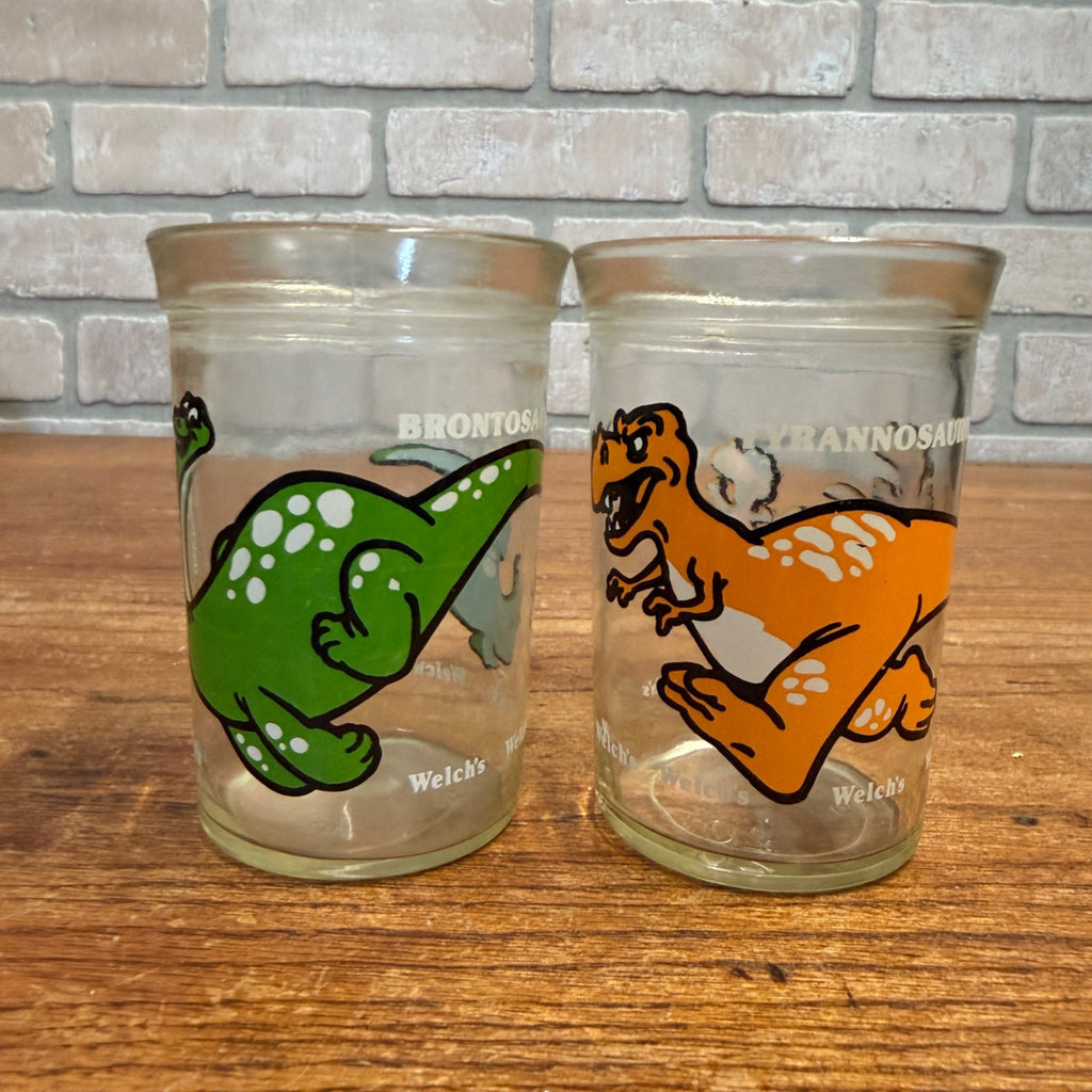 Welch's Jelly Jars Tyrannosaurus Brontosaurus Dinosaur Glasses Vintage 1988 lot