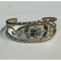 Vintage Mexico Alpaca Silver Abalone Shell Inlay Floral Cuff Bracelet